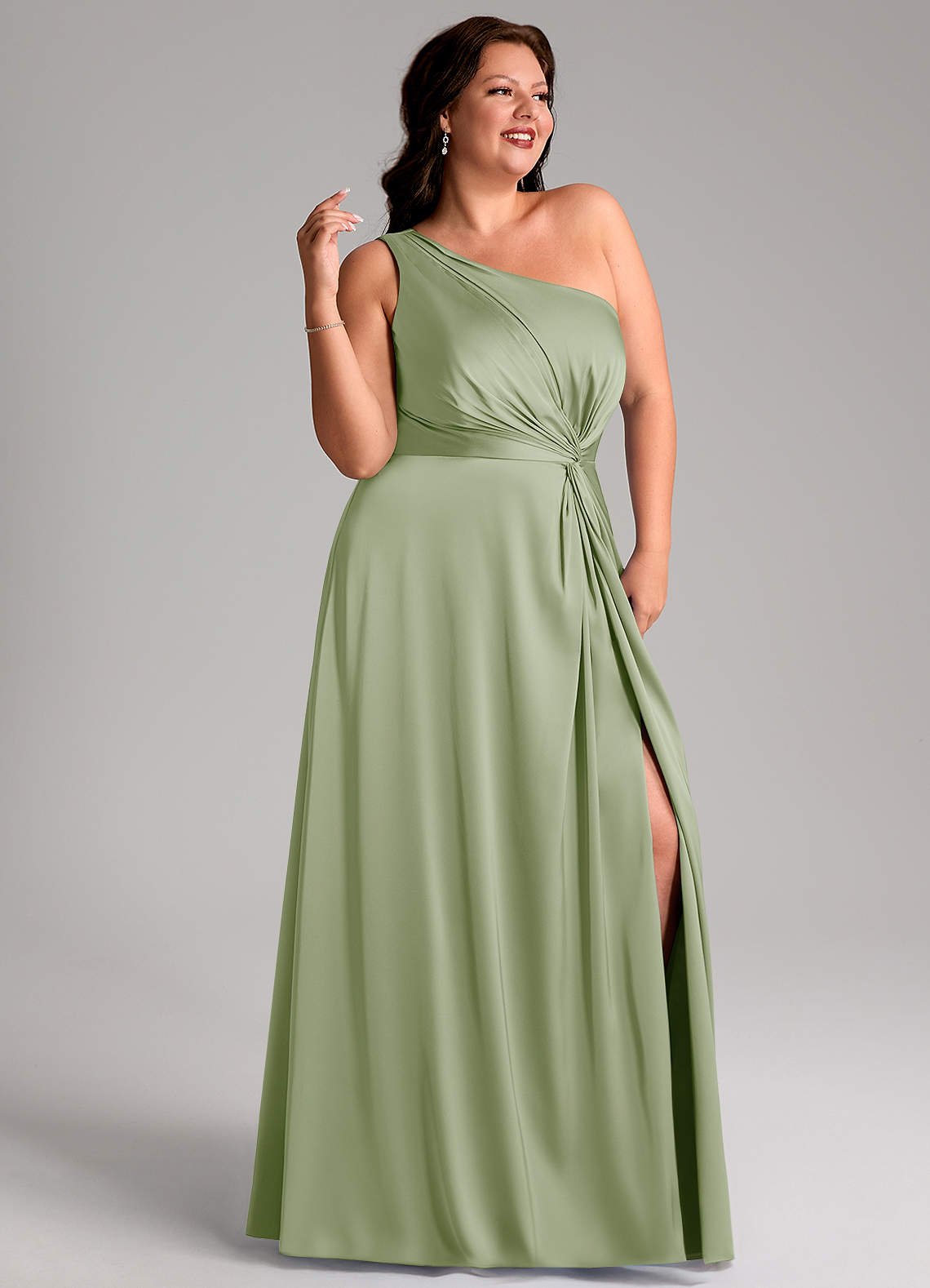 Azazie Brooke Bridesmaid Dresses Dusty Sage A-Line One Shoulder Stretch Satin Dress image10