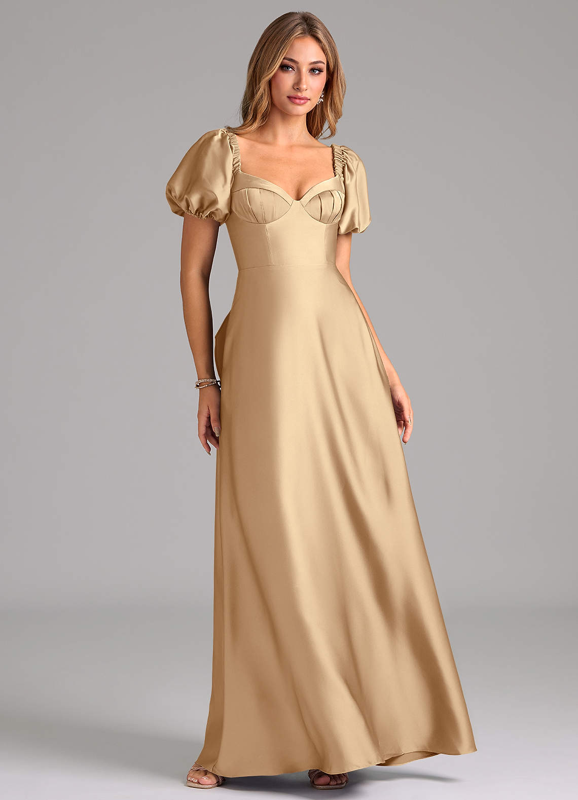 Azazie Fatima Bridesmaid Dresses Champagne A-Line Pleated Stretch Satin Dress image1