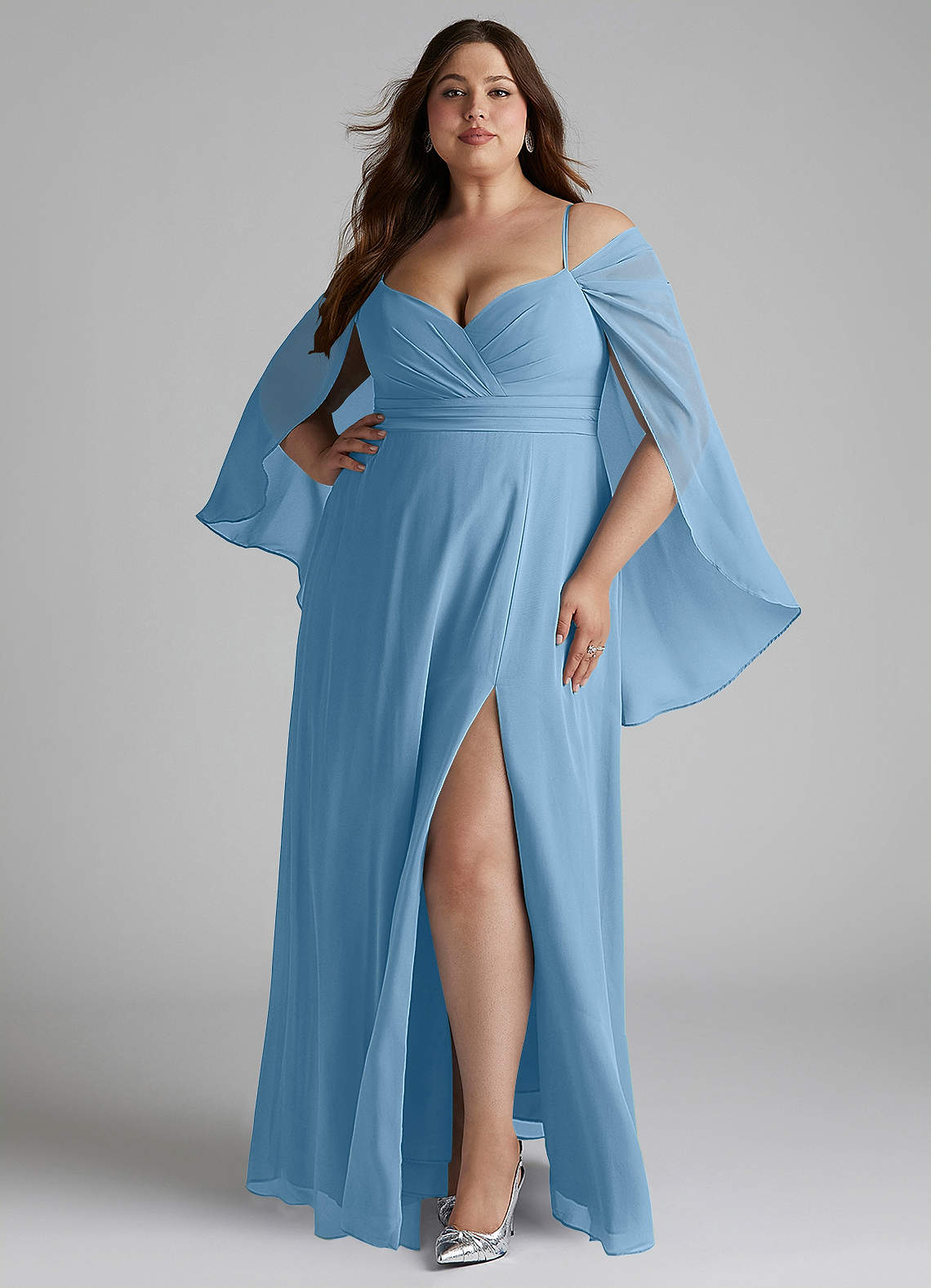 Azazie Cienna Vestidos de damas de honor Vestido de Azul Acero de Gasa de Corte en A con Manga larga image1