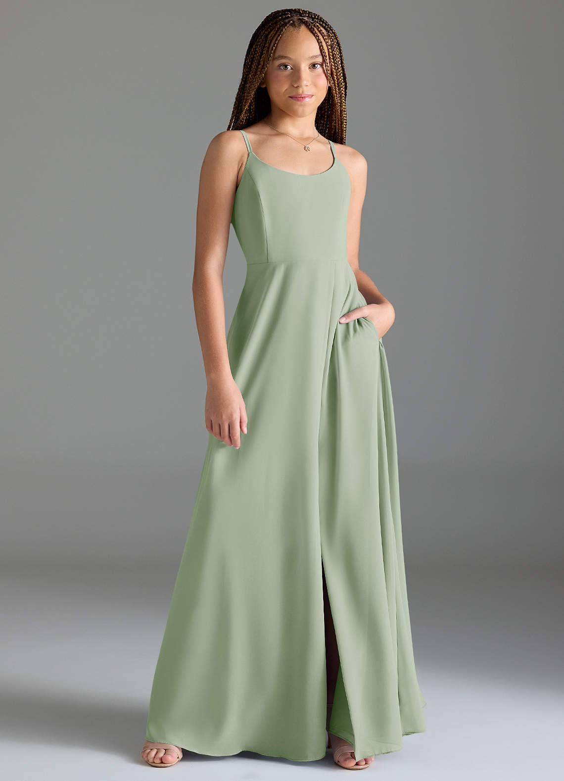 Azazie Moira Junior A-Linie mit Taschen Chiffon Kleid Staubiger Salbeigrün image1