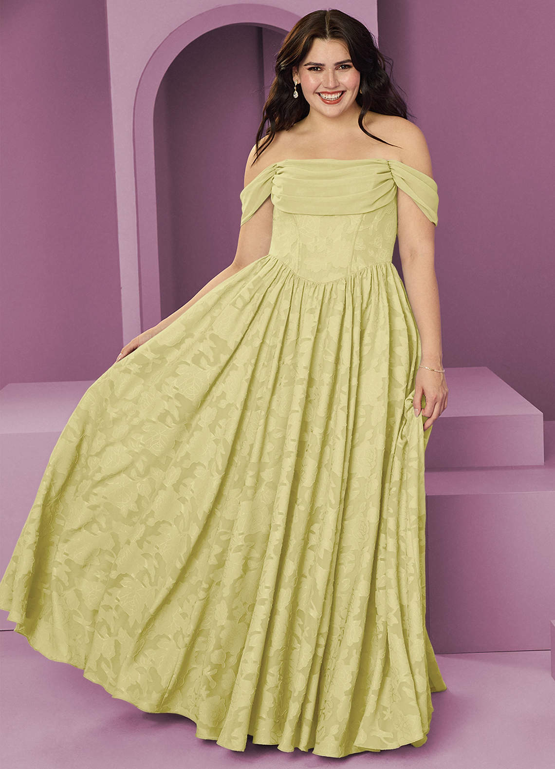 Barbie ♥ Azazie Final Sale Lemon Sorbet A-Line Off the Shoulder Floral Burnout Convertible Dress image1