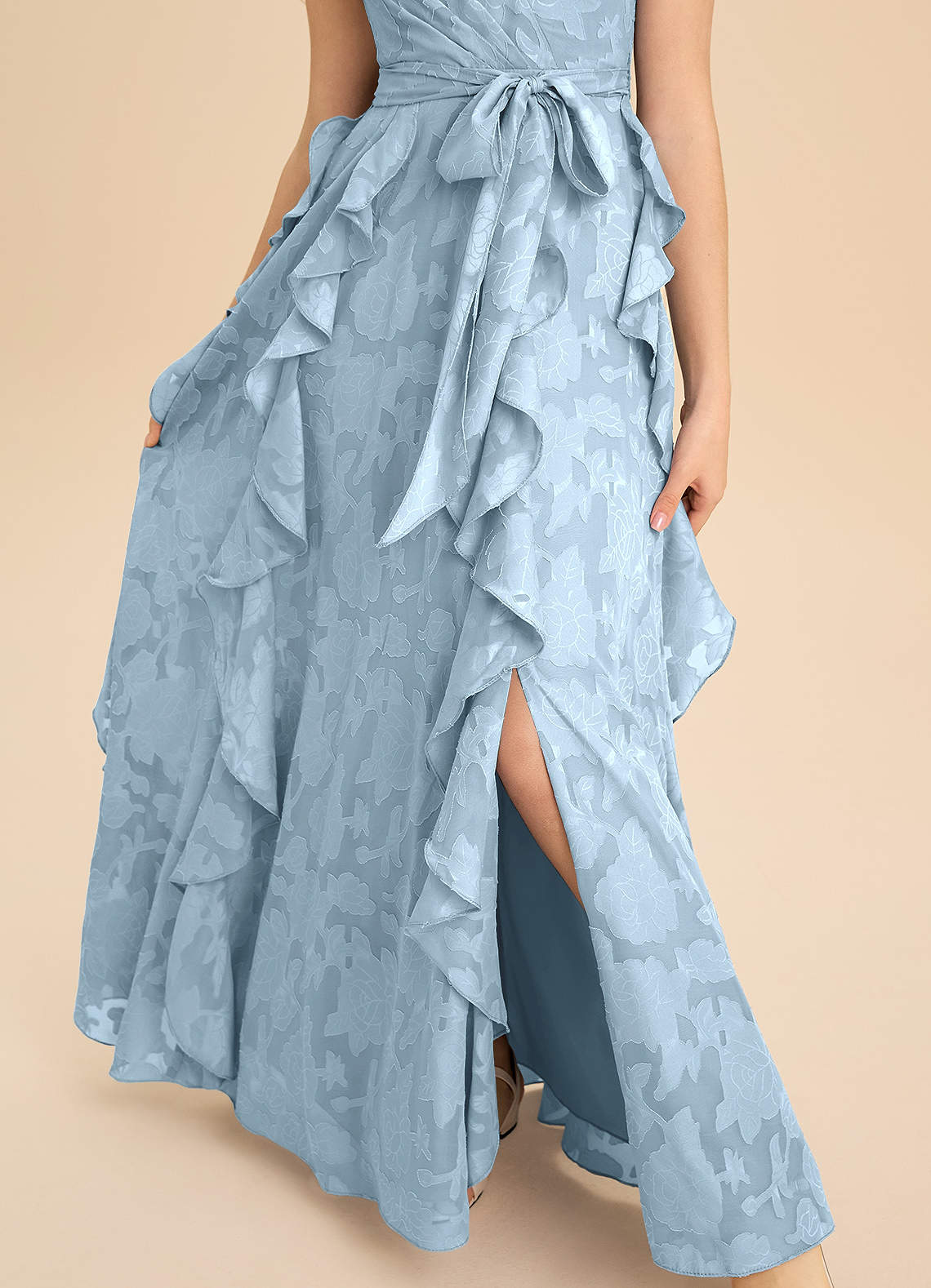 Azazie Peyton Junior Vestido de Azul Cielo de Devorado Floral de Corte en A con Plisado image7