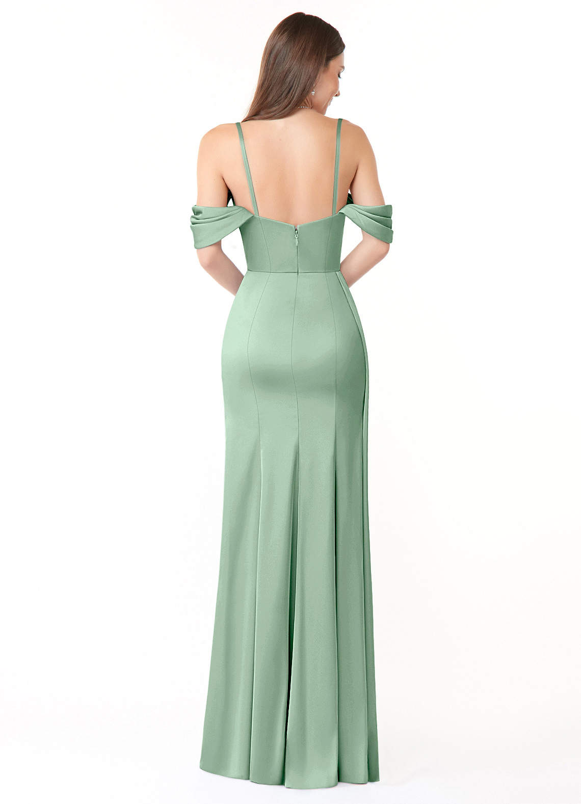 Azazie Amyra At-home Try On Dresses Agave Sheath Off the Shoulder Stretch Satin Convertible Dress image5