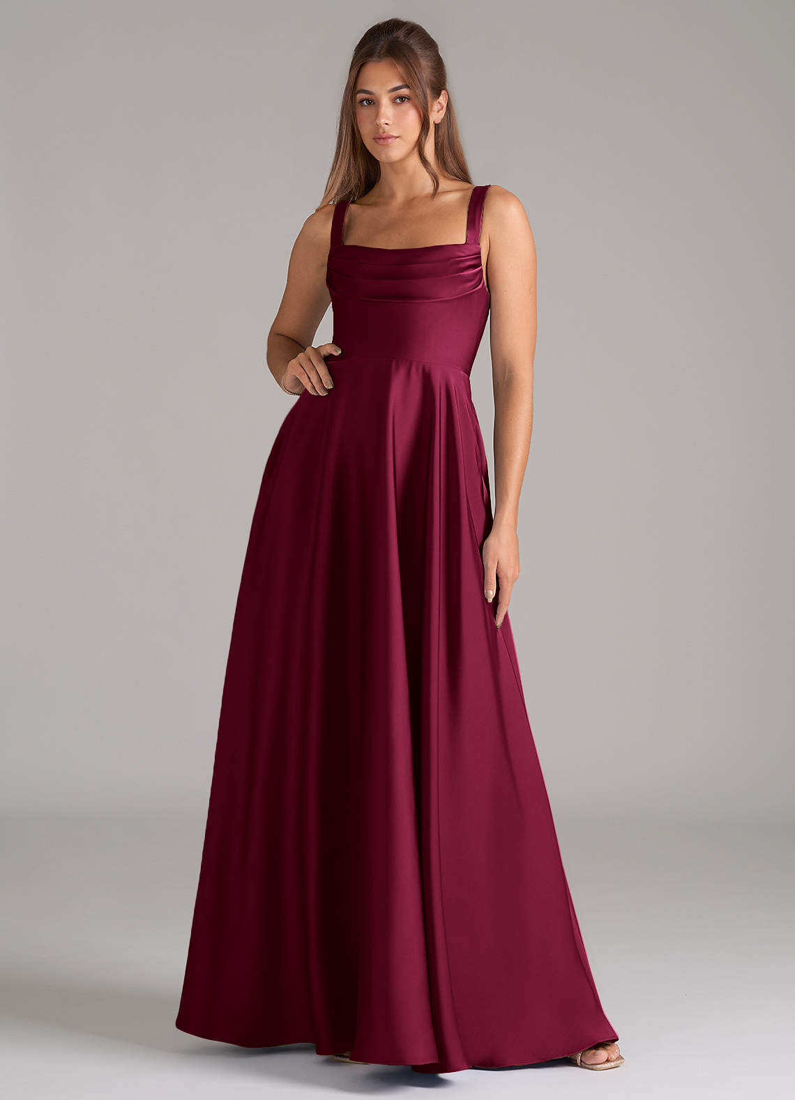 burgundy satin bridesmaid dresses Azazie Shaude Ruching Split Burgundy Satin Bridesmaid Dresses |