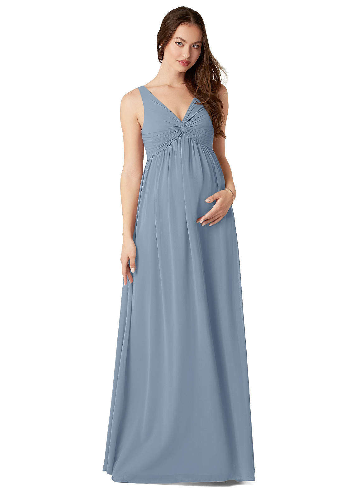 Azazie Yetta Maternity Bridesmaid Dresses A-Line V-Neck Gathered Chiffon Floor-Length Dress image1