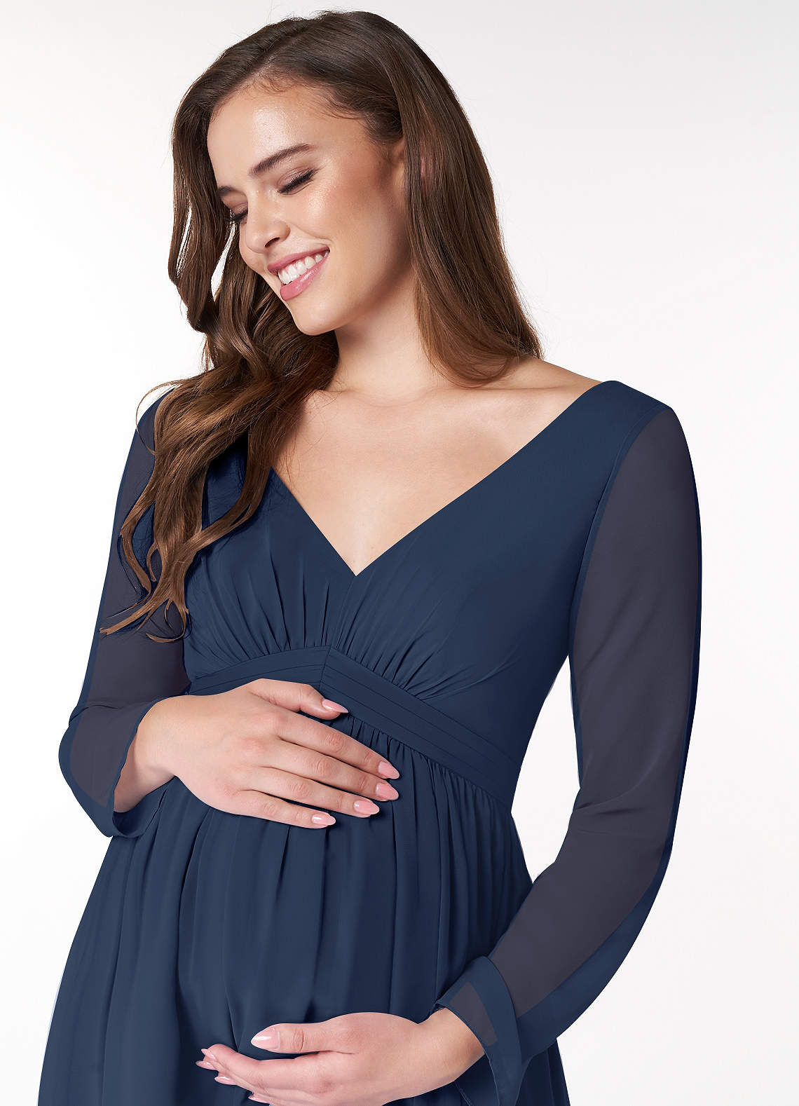Azazie A-Line/Princess V-Neck Long Sleeve Floor-Length Chiffon Maternity Bridesmaid Dresses - Dark Navy Azazie Teton Dark Navy Maternity Bridesmaid Dresses | Azazie