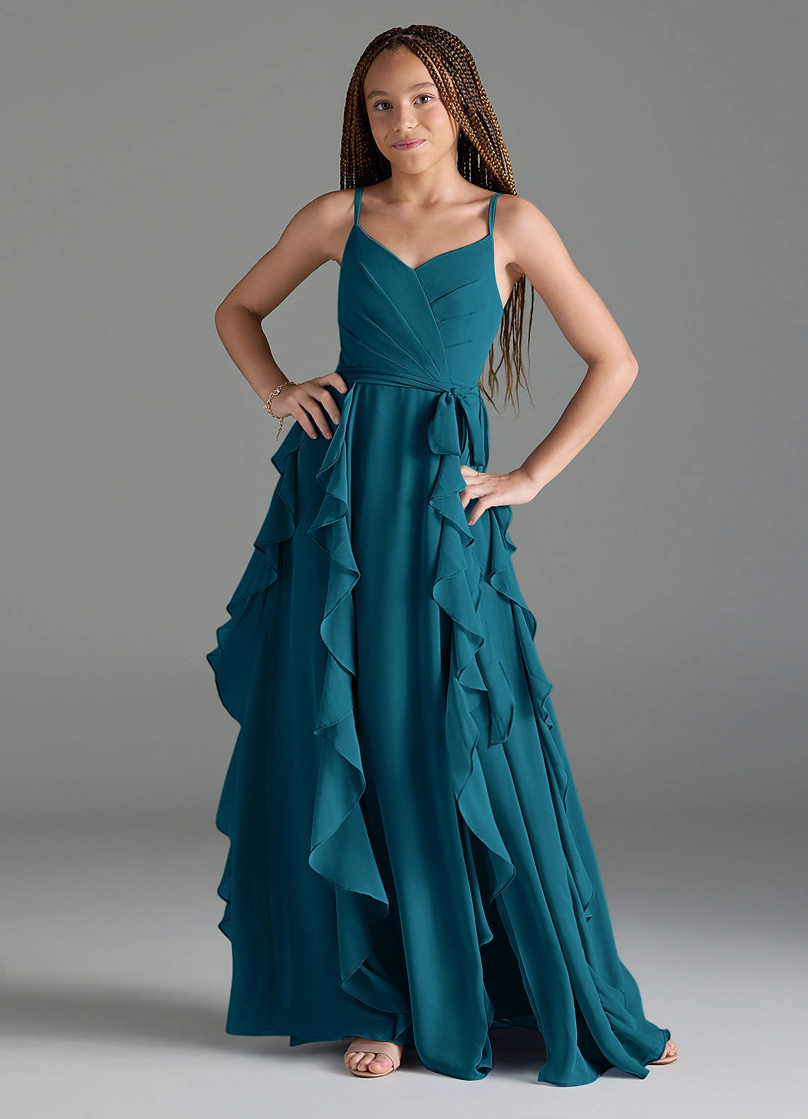 Azazie Peyton Junior Ink Blue A-Line V-Neck Cascading Ruffles Chiffon Dress image1
