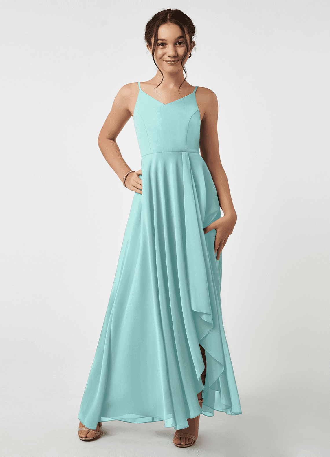 Azazie Collette Junior Aqua A-Line Ruched Chiffon Dress image1
