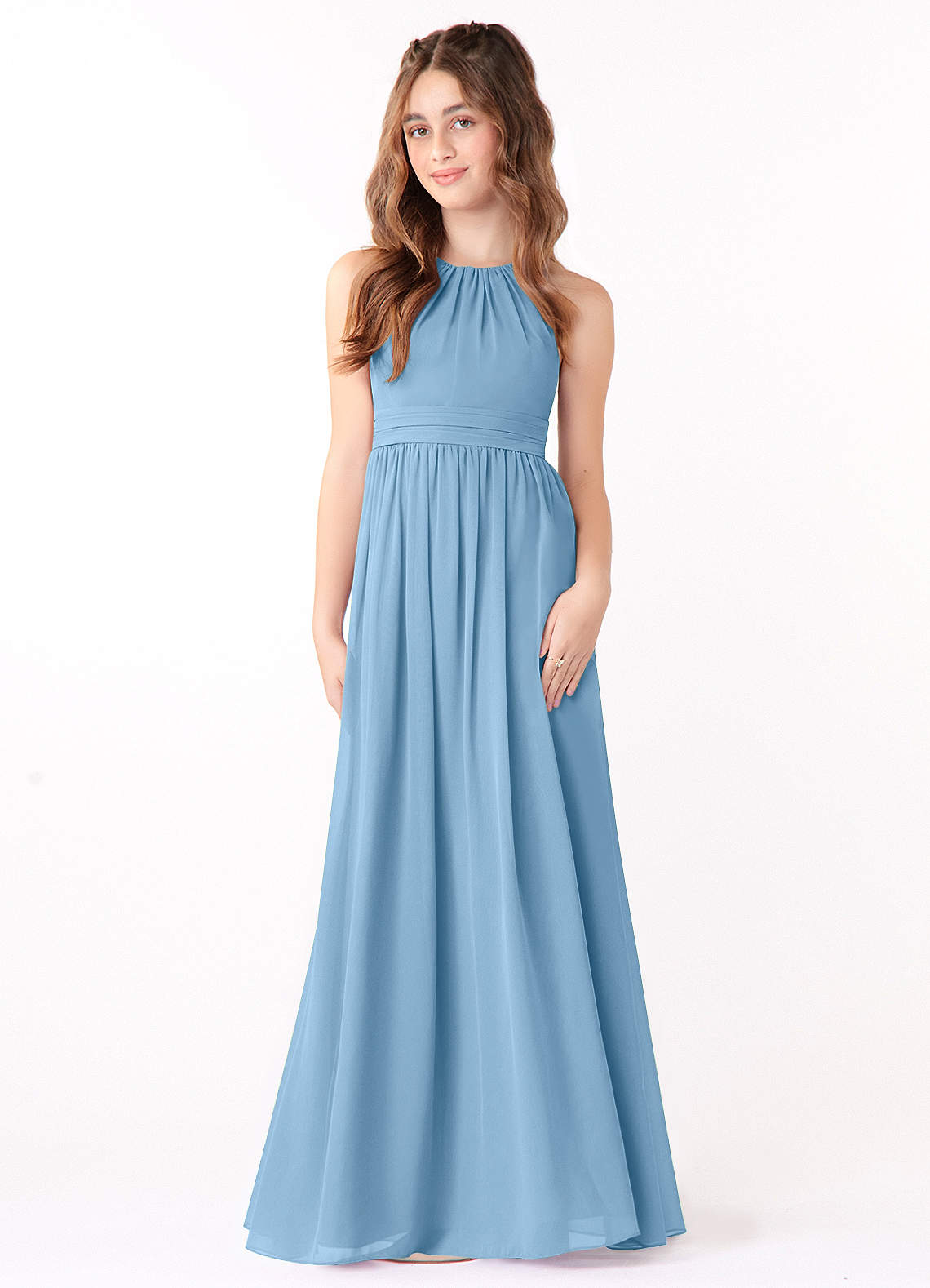 Azazie Jaylah Junior Steel Blue A-Line Ruched Chiffon Dress image3