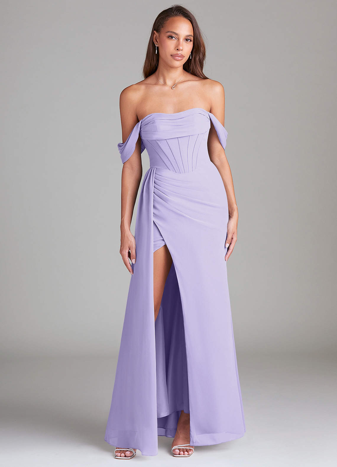Azazie Amyra Bridesmaid Dresses Lilac Sheath Off the Shoulder Chiffon Convertible Dress image1