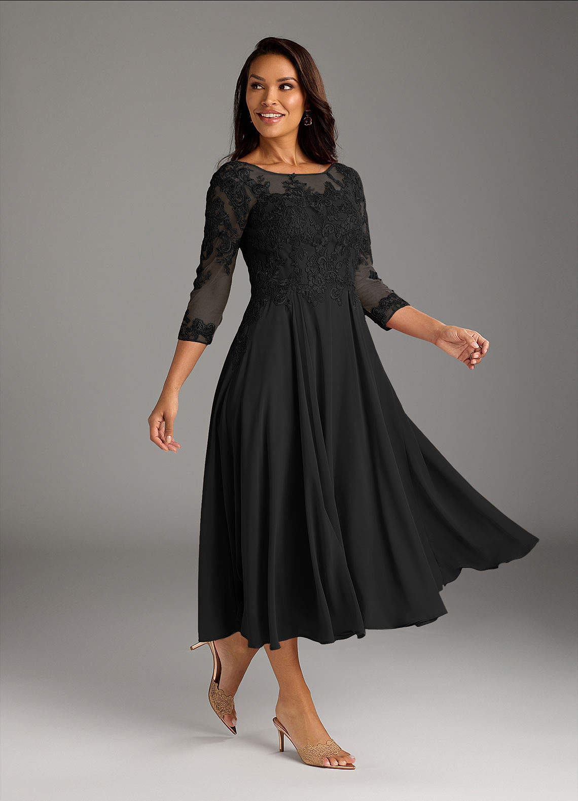 Azazie Marge Abiti per la Madre della Sposa Abito A-Line in Chiffon in Pizzo con Scollo a U Nero image1