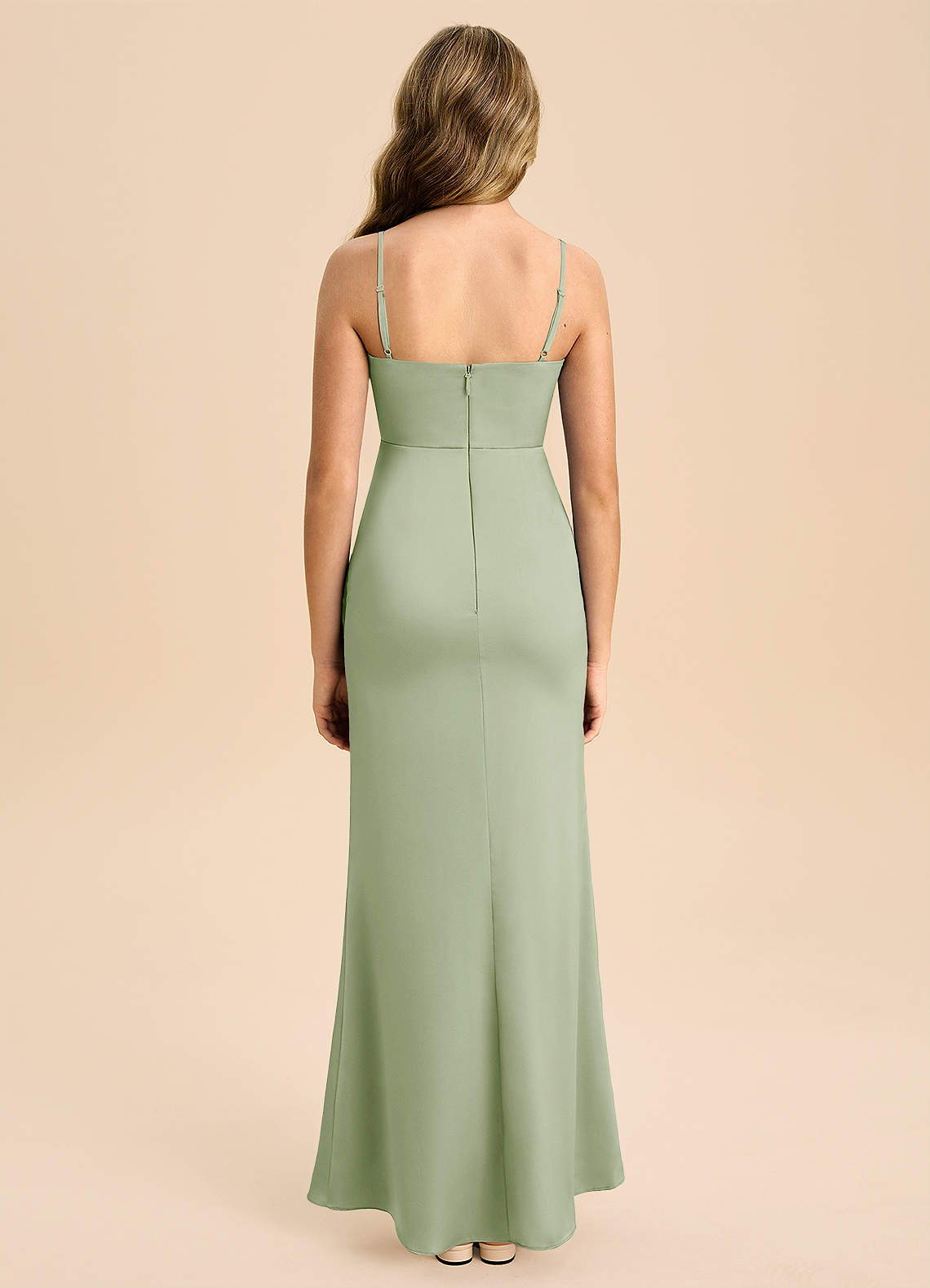 Azazie Buzzy Junior Dusty Sage Sheath Pleated Stretch Satin Dress image1