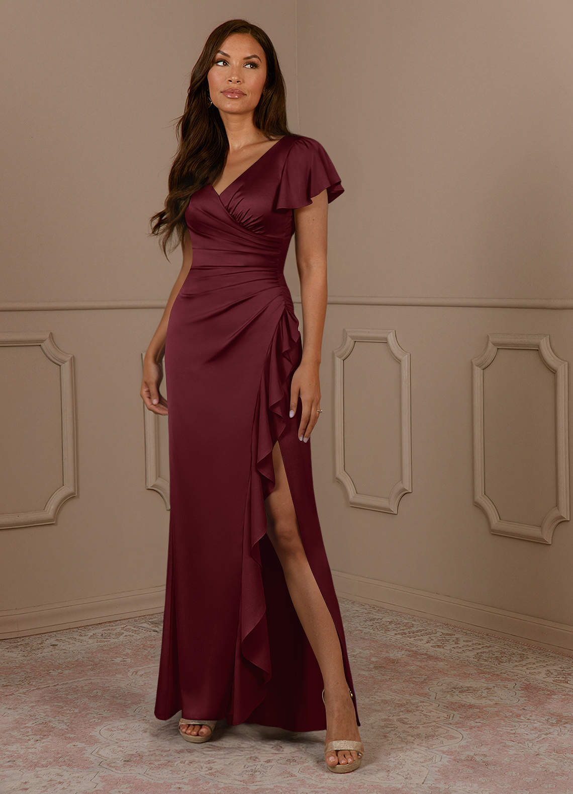 Azazie Roya Mother of the Bride Dresses Cabernet Mermaid V-Neck Pleated Stretch Satin Dress image1