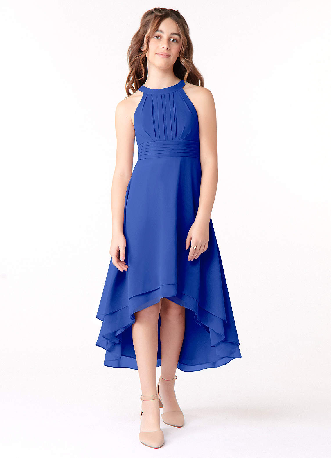 Azazie Linna Junior Vestido de Azul Real de Gasa de Corte En A con Plisado image1