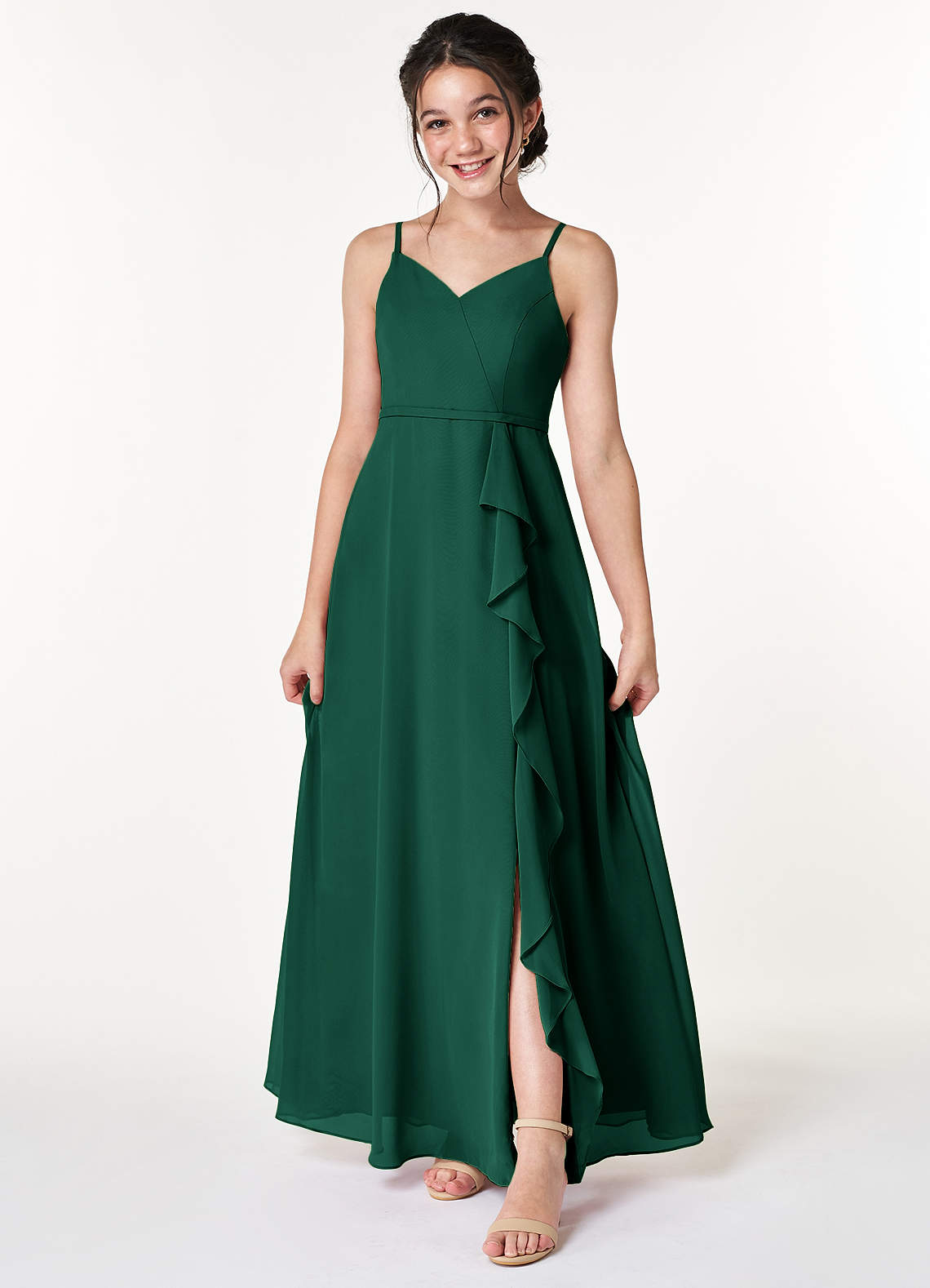 Azazie Naeem Junior A-Linie Gestreift Chiffon Kleid Smaragd image1