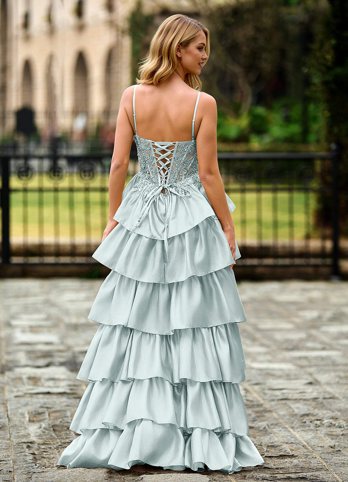 Jasmunya Sky Blue Ruffle Floral Corset Prom Dress with Slit Prom and  Homecoming Dresses | Azazie DE