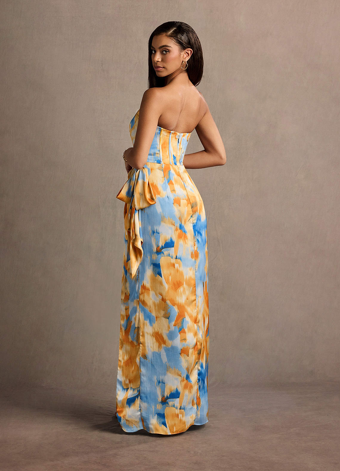 Maeve Blue Caribbean Print Corset Satin Maxi Dress Ready to Ship | Azazie