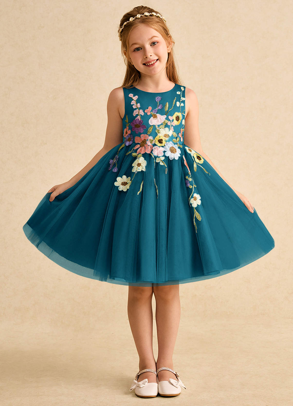Azazie Prima Flower Girl Dresses Ink Blue A-Line Bow Tulle Dress image1