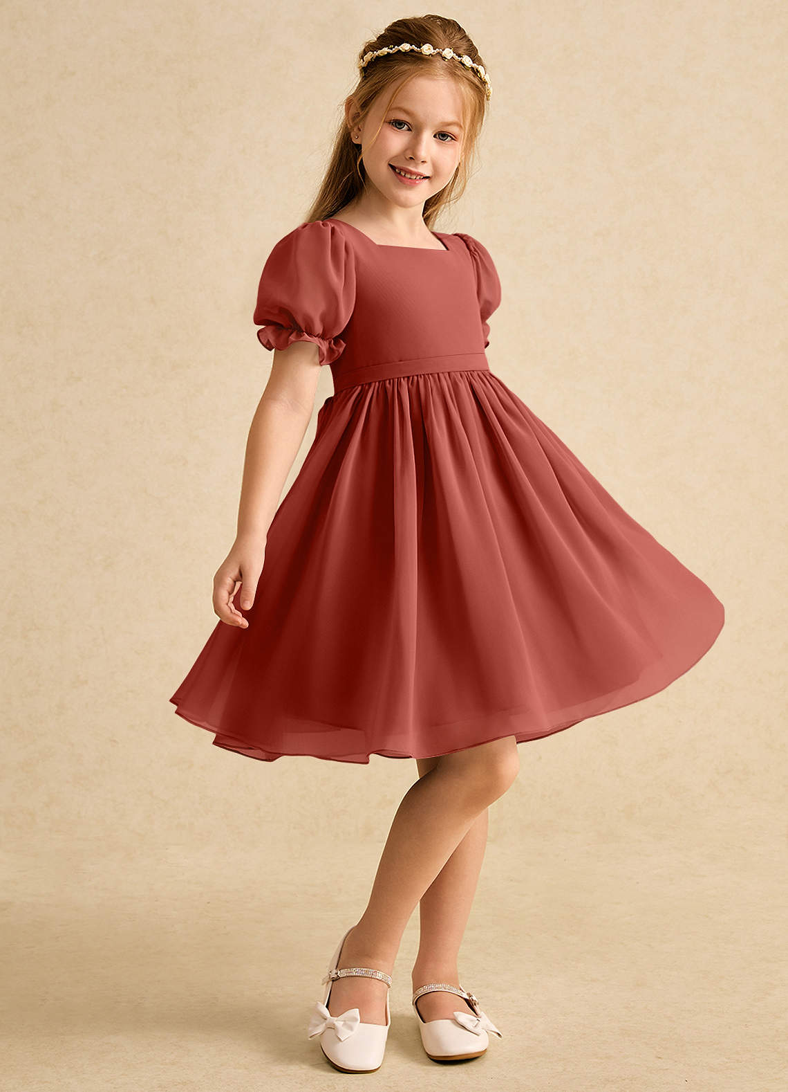 Azazie Jolie Blumenmädchenkleider A-Linie mit ärmel Chiffon Kleid Terrakotta image1