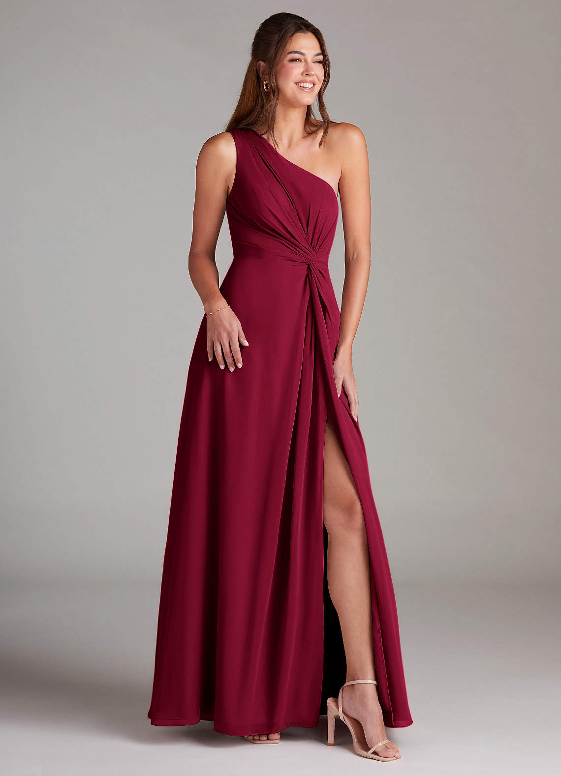 Azazie Brooke Bridesmaid Dresses Burgundy A-Line One Shoulder Chiffon Dress image3