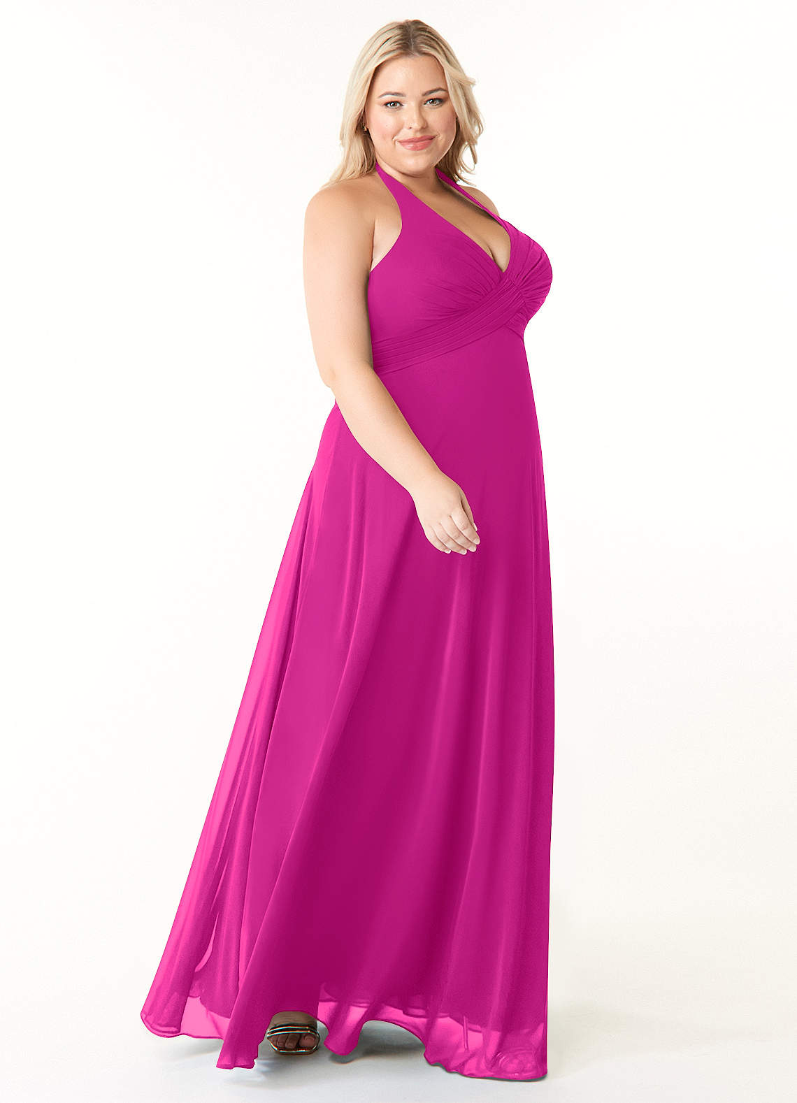 Azazie Tessie Vestidos de damas de honor Vestido de Fucsia de Gasa de Corte en A con Cuello en V plisado image7