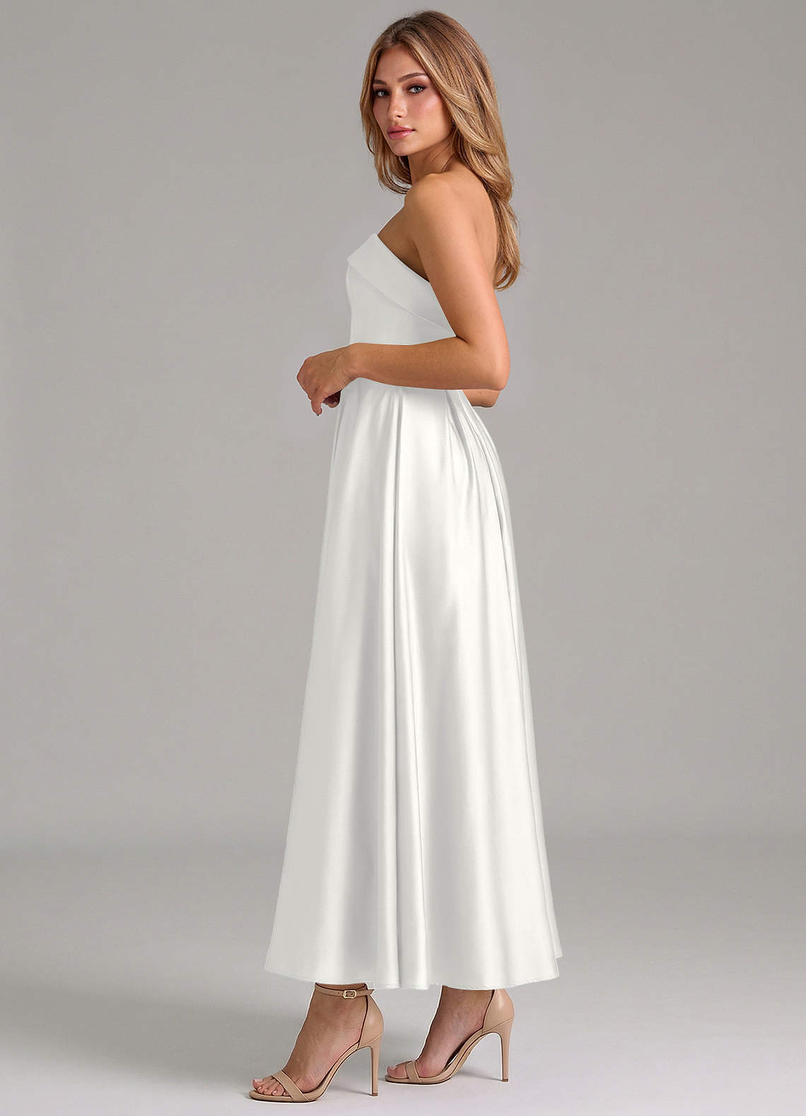 Azazie Lucienne Bridesmaid Dresses White A-Line Pleated Stretch Satin Dress image2