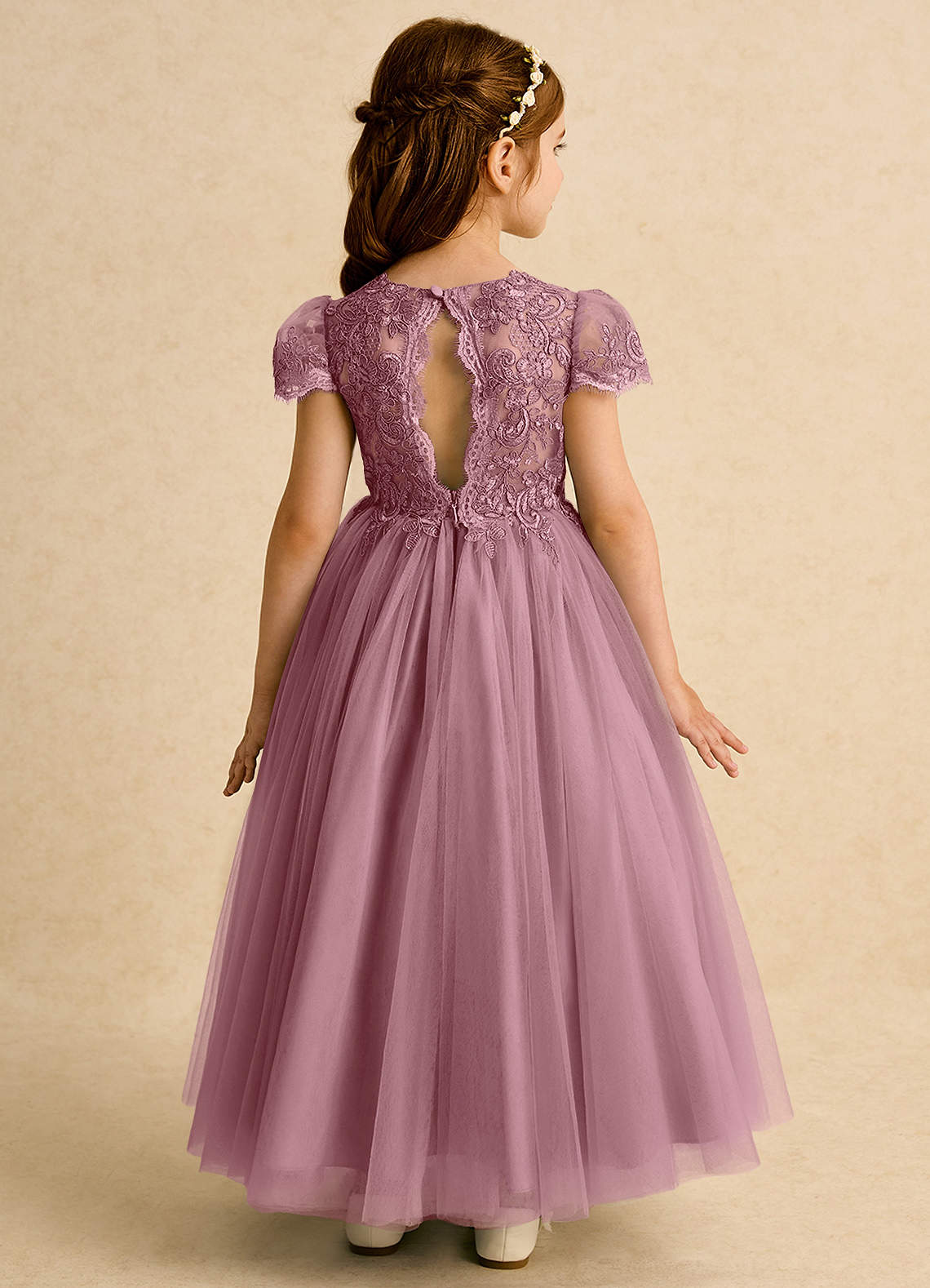 Azazie Puff Flower Girl Dresses Vintage Mauve Ball-Gown Lace Tulle Dress image1
