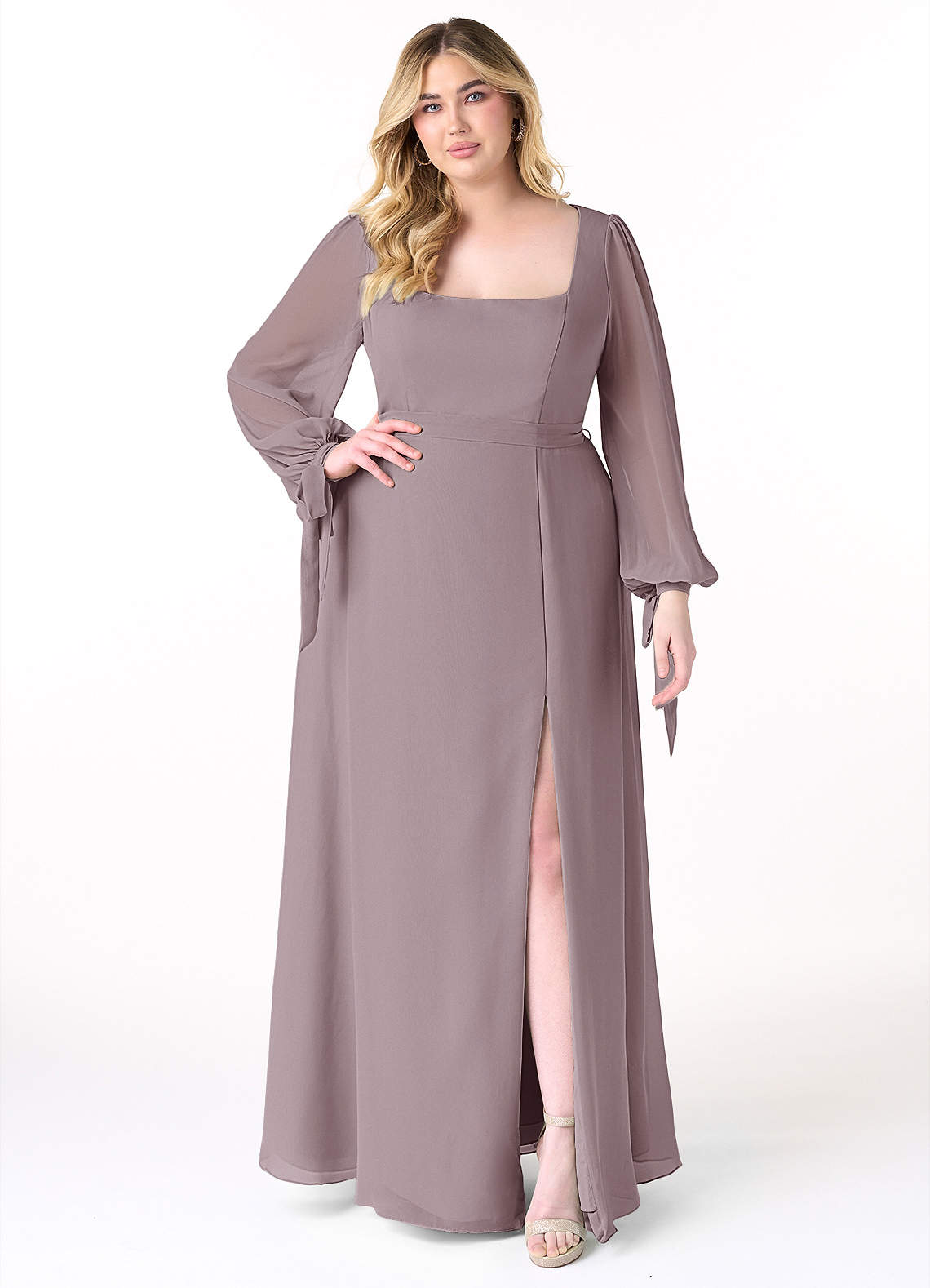 Azazie Leonia Bridesmaid Dresses Dusk A-Line Long Sleeve Chiffon Dress image1