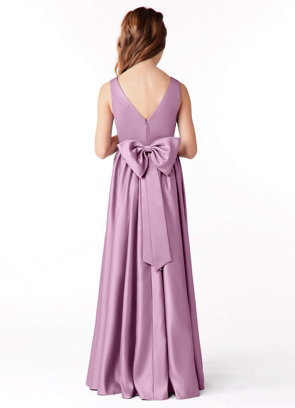 Azazie Hathaway Junior Robe Trapèze en Satin extensible Arc Glycine image1