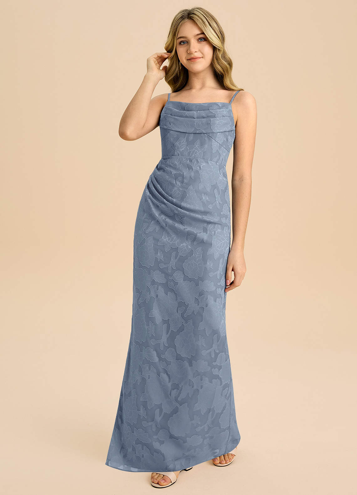 Azazie Mai Junior Dusty Blue Sheath Pleated Floral Burnout Dress image5
