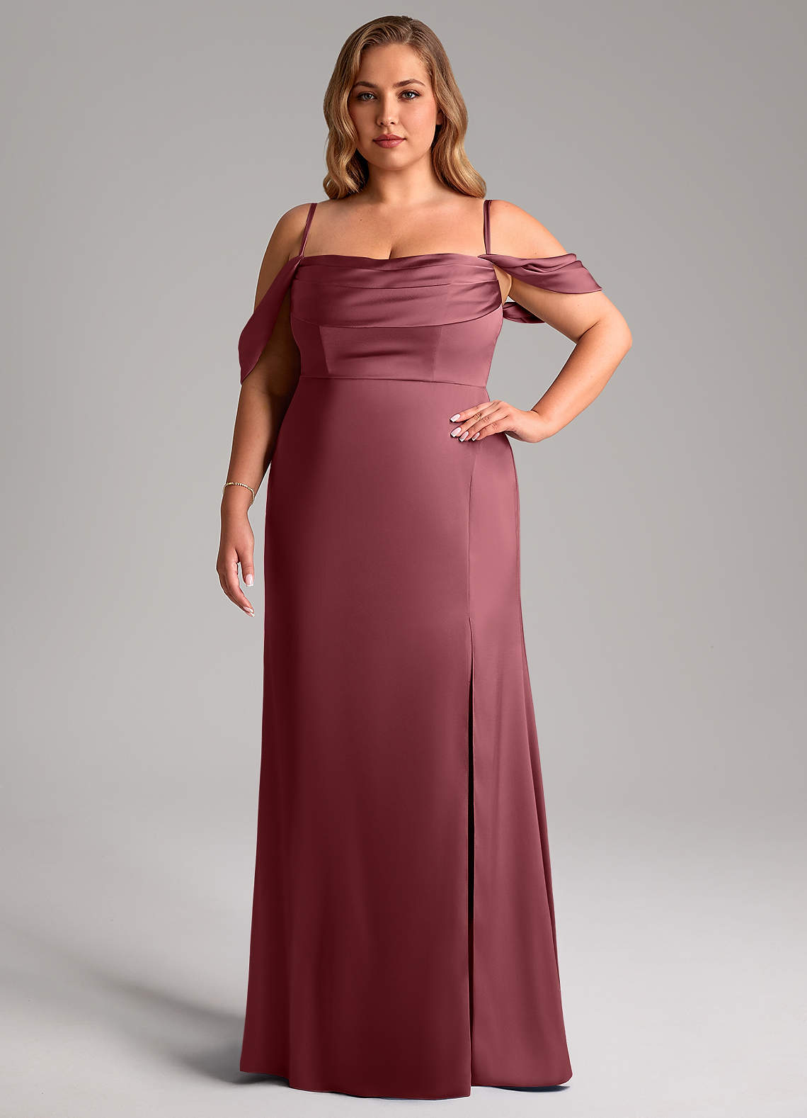 Azazie Saige Bridesmaid Dresses Desert Rose Sheath Off the Shoulder Stretch Satin Dress image15