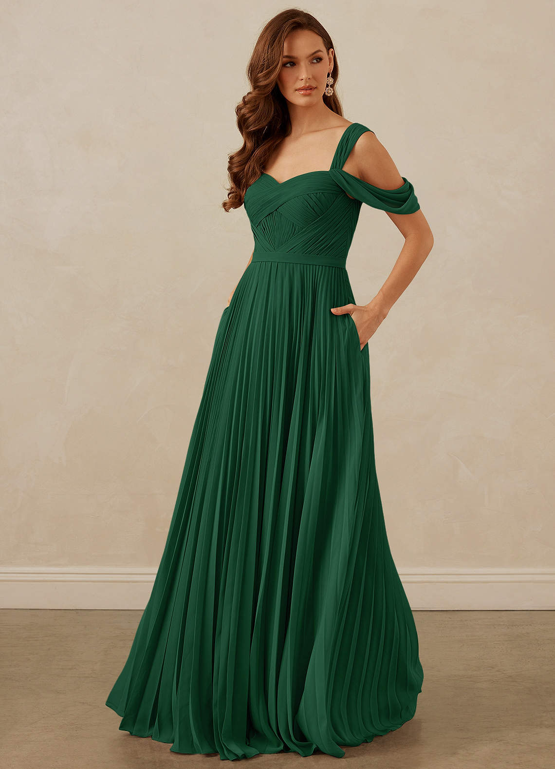 Christian Siriano Bridal for Azazie 1013 Bridesmaid Dresses Dark Green A-Line Off the Shoulder Chiffon Dress image1