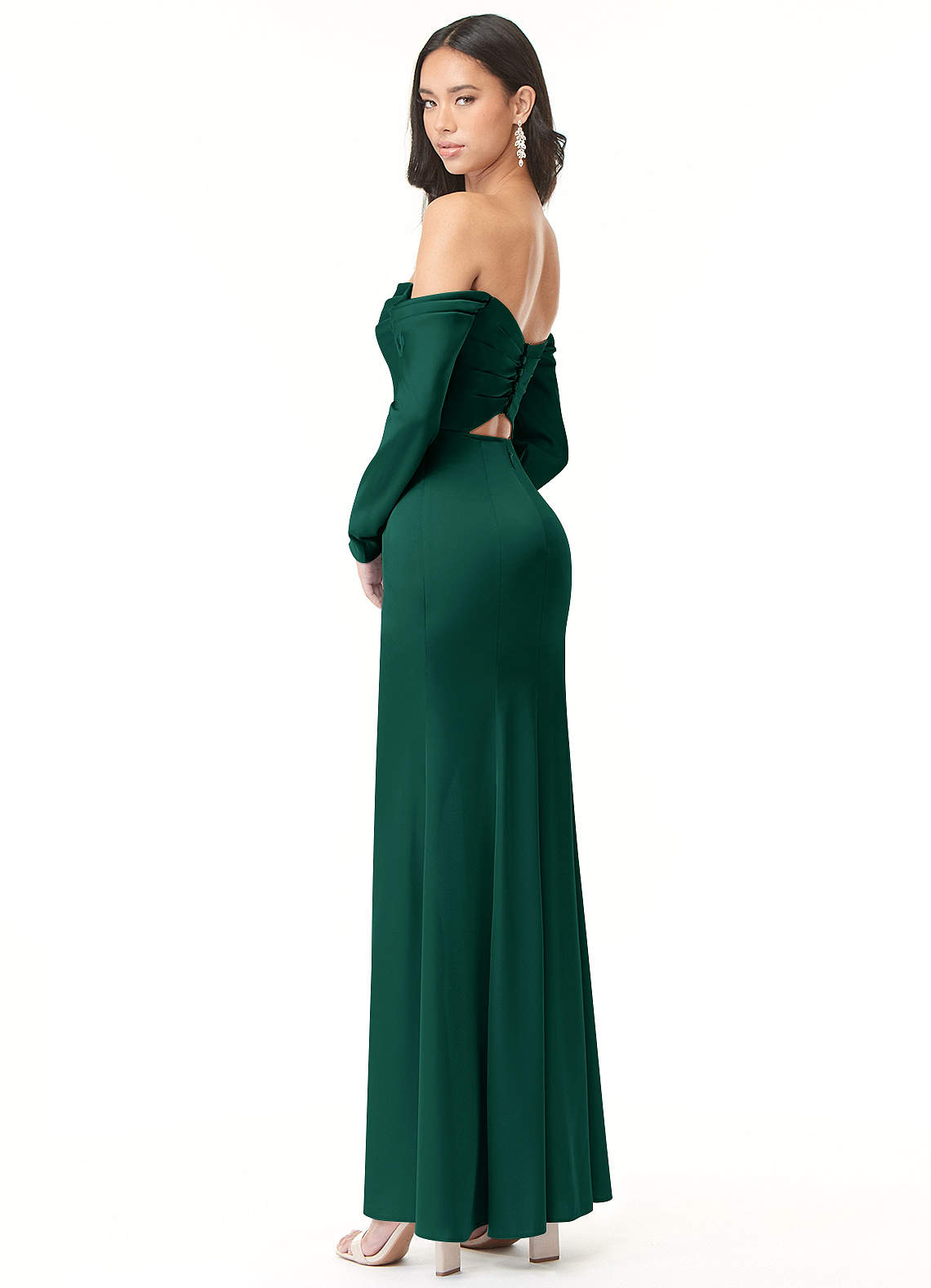 Azazie Mermaid Cowl Neck Long Sleeve Floor-Length Stretch Satin Bridesmaid Dresses - Emerald