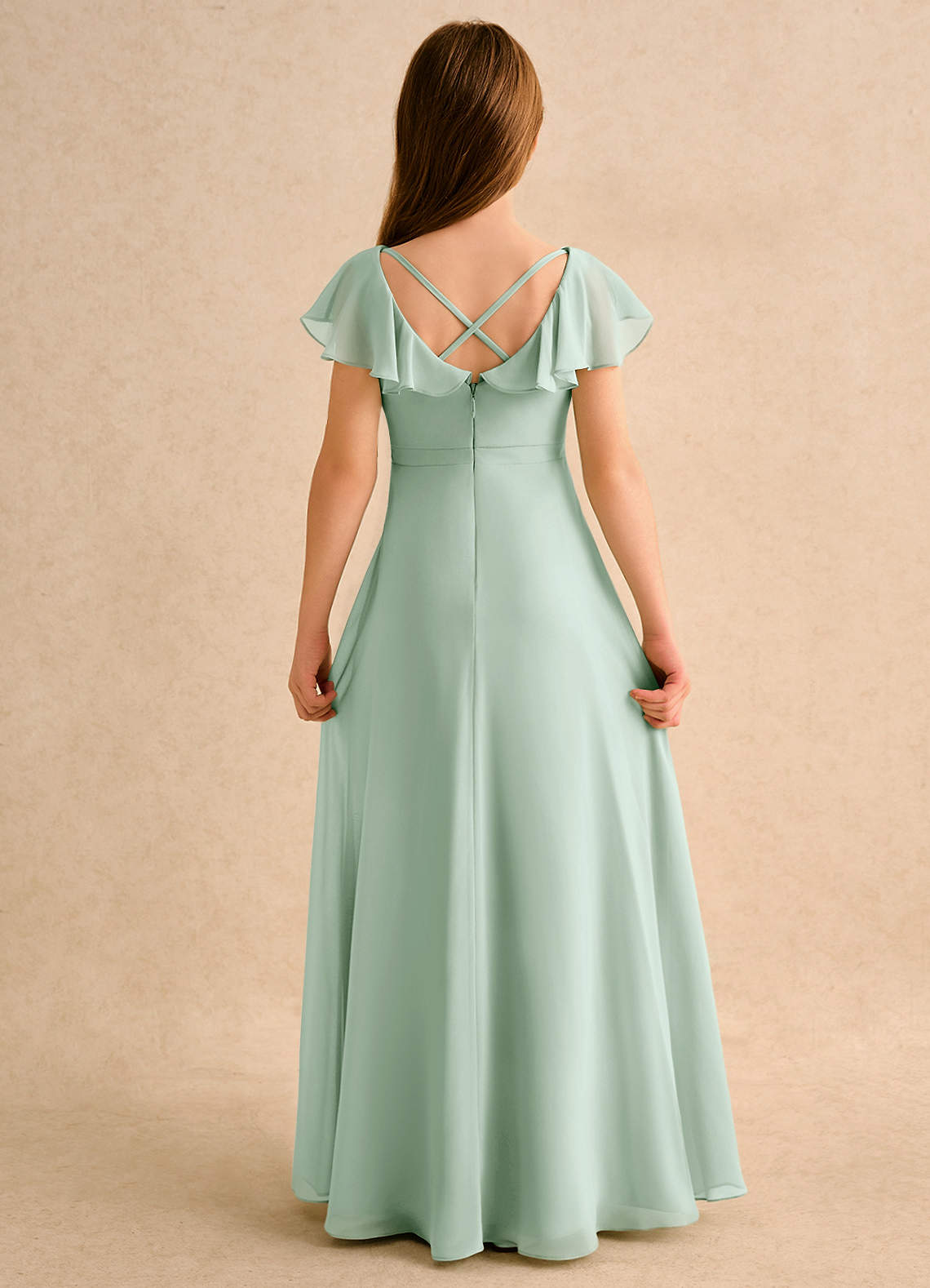Azazie Nari Girls Formal Vestidos de florista Vestido Agave de Chiffon de Linha A com com Mangas image6