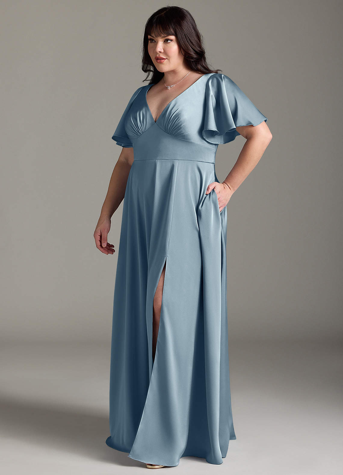 Azazie Kimber Bridesmaid Dresses Dusty Blue A-Line Ruched Stretch Satin Dress image9