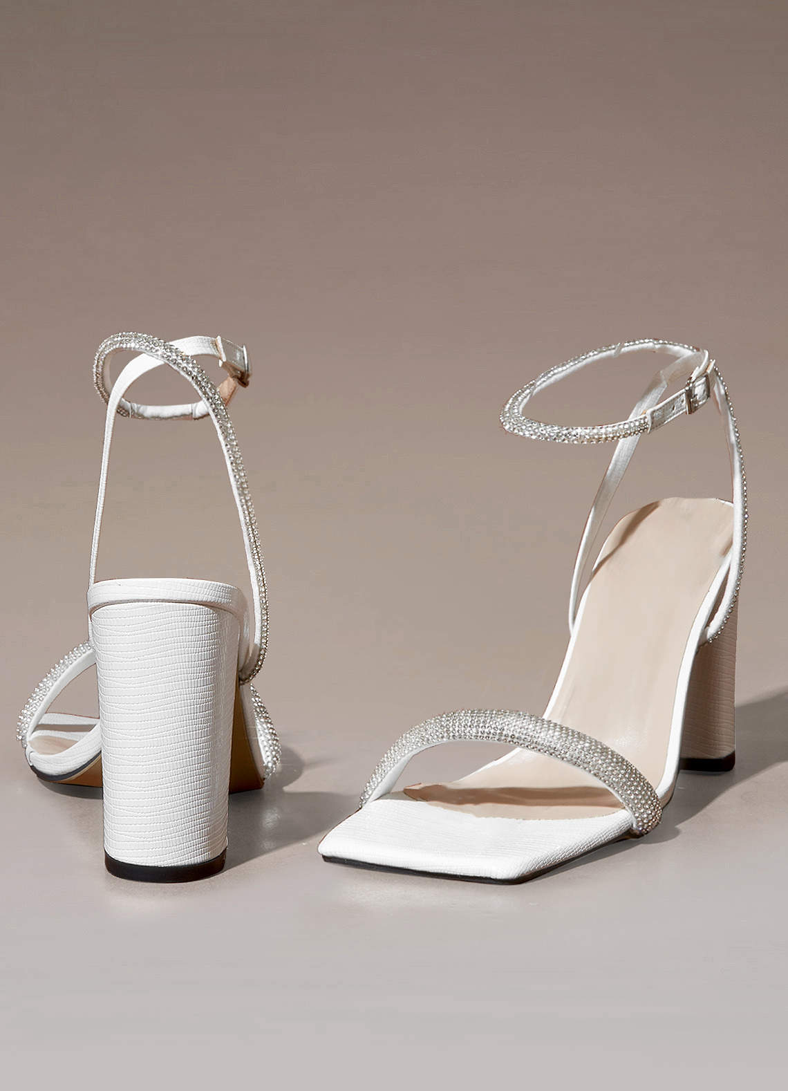 White Crystal Embellished Wrap Block Heel Sandals