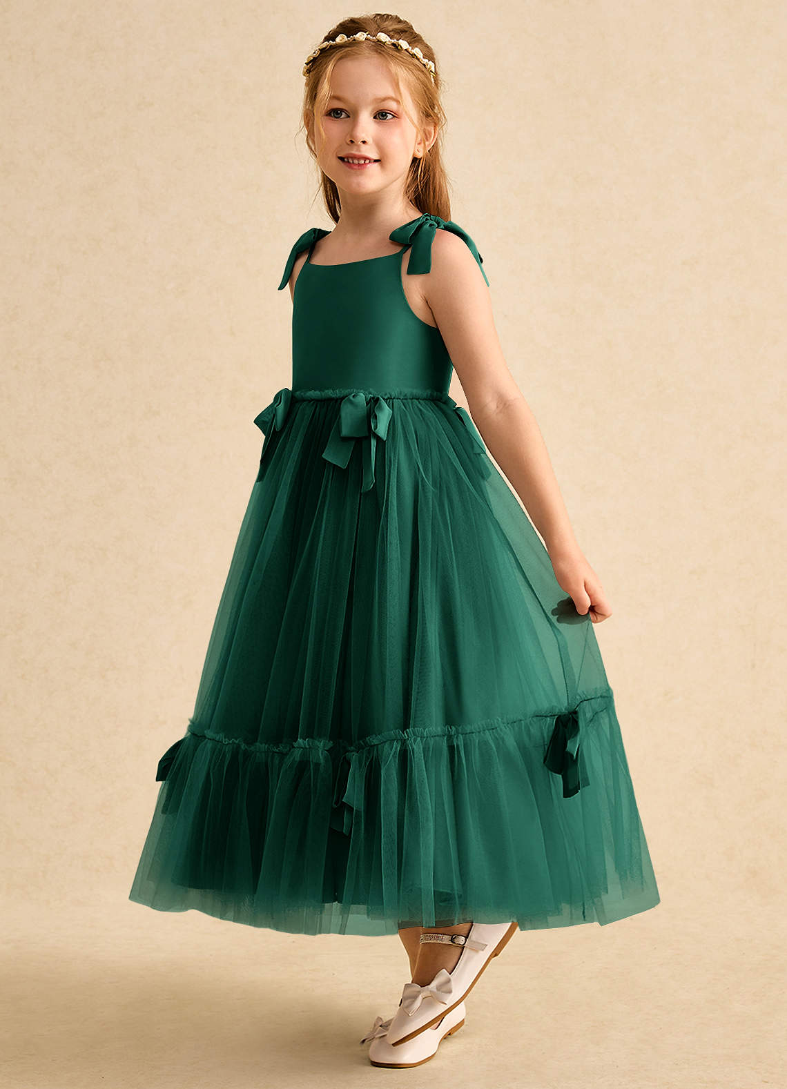 Azazie Jaci Flower Girl Dresses Emerald A-Line Spaghetti Strap Chiffon Dress image1