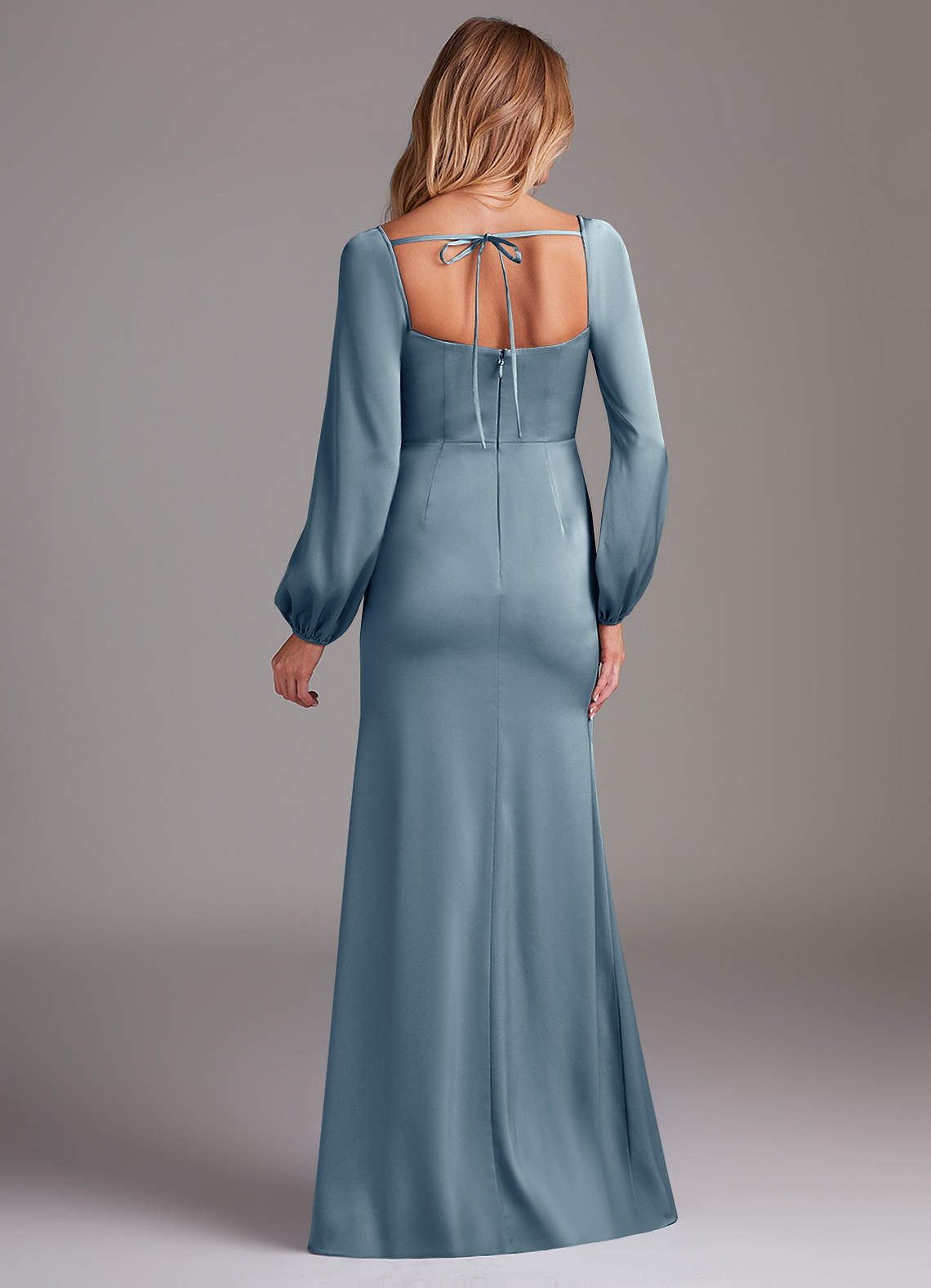 Azazie Charissa At-home Try On Dresses Dusty Blue Sheath Long Sleeve Stretch Satin Dress image7