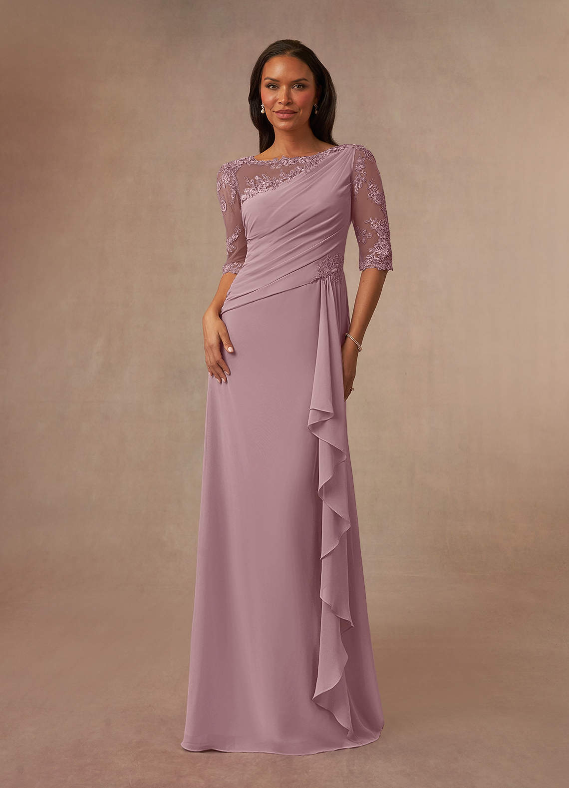 Azazie Dionysus At-home Try On Dresses Dusty Rose A-Line Boatneck Lace Chiffon Dress image1