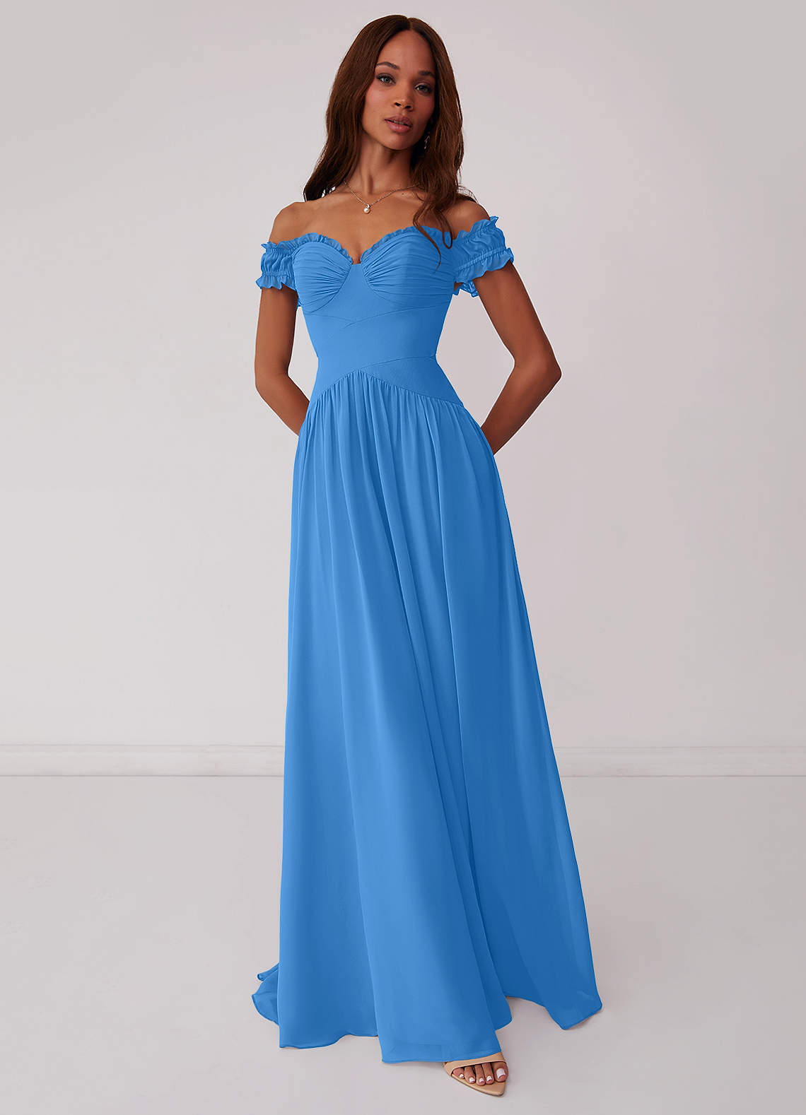 Barbie ♥ Azazie Brautjungfernkleider Wandelbar A-Linie Schulterfrei Chiffon Kleid Blauhäher image1
