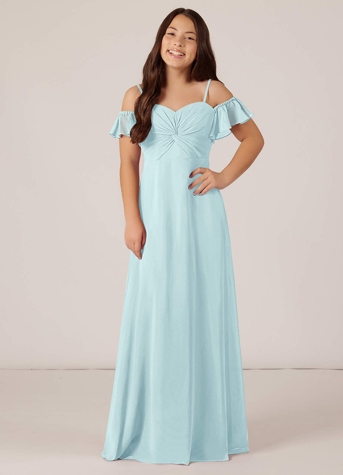 Azazie Juna Junior Robe Trapèze en Mousseline de soie Épaule décolletée Verre De Mer image1