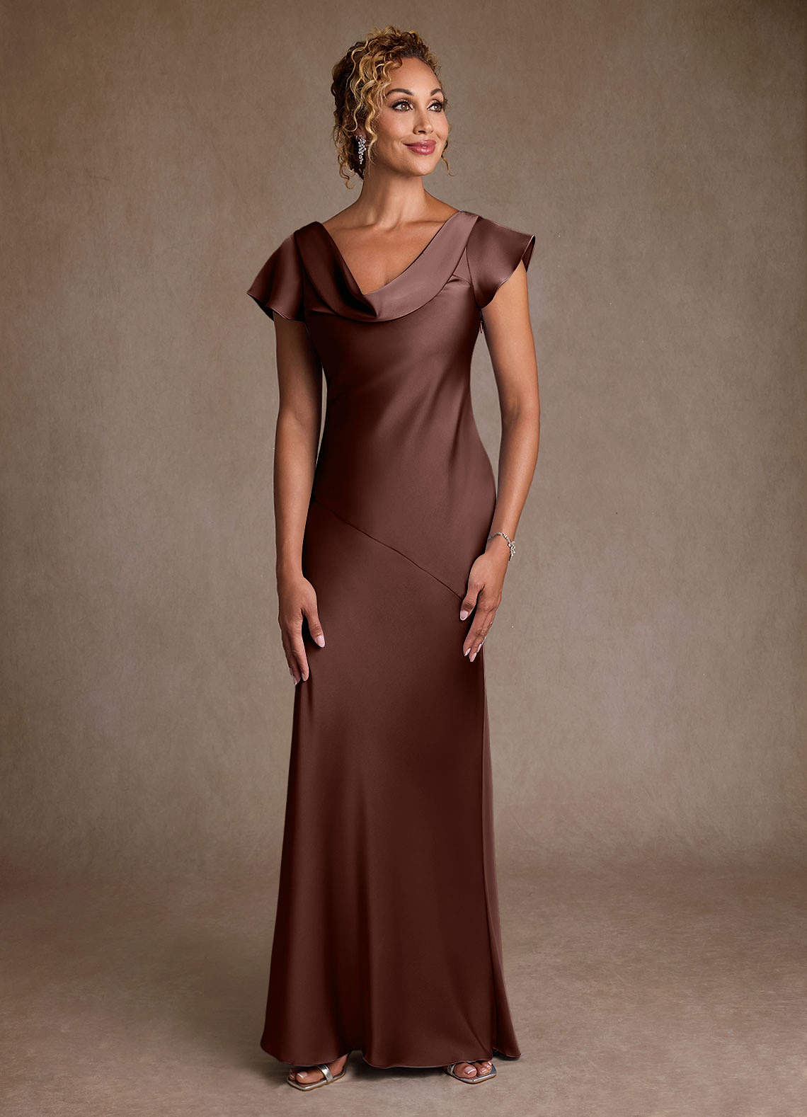 Azazie Shelby Mother of the Bride Dresses Espresso Mermaid Pleated Stretch Satin Dress image1