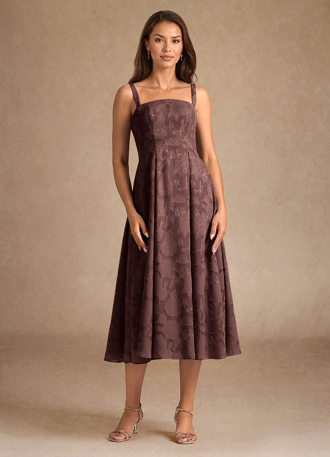 Azazie Lorain Espresso A-Line Pleated Floral Burnout Dress Ready