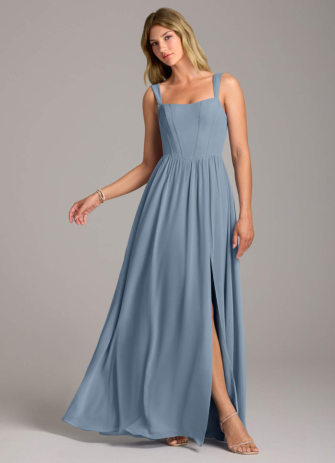 Azazie Rosaline Bridesmaid Dresses Dusty Blue A-Line Side Slit Chiffon Dress image1