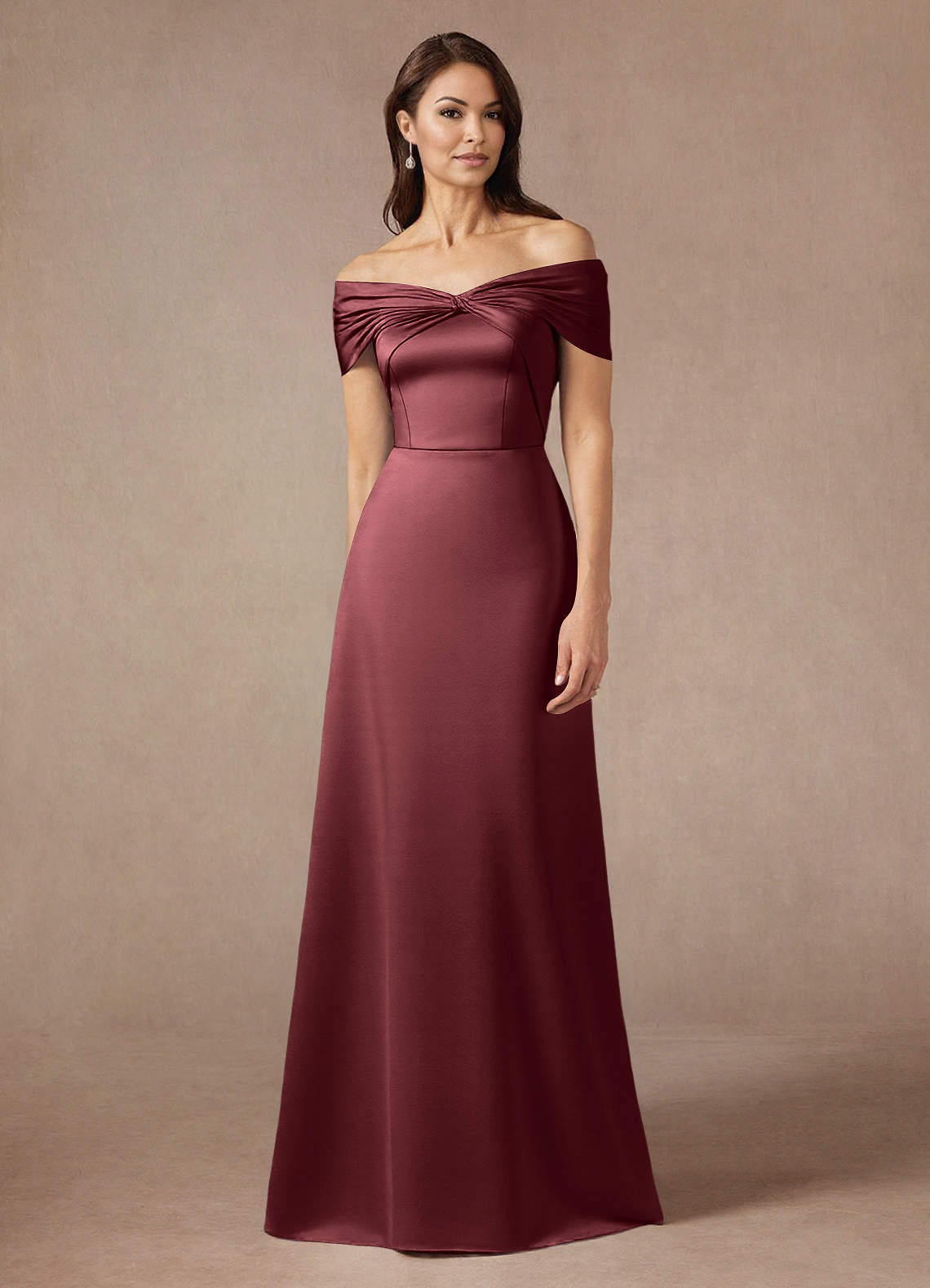 Azazie Amelia Mother of the Bride Dresses Merlot A-Line Off the Shoulder Stretch Satin Dress image1