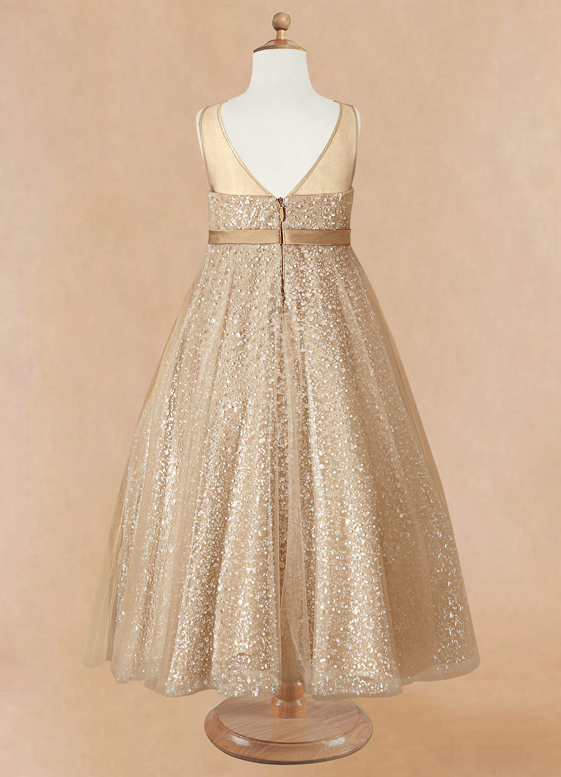 Azazie Siwa Flower Girl Dresses Champagne A-Line Beaded Tulle Dress image5