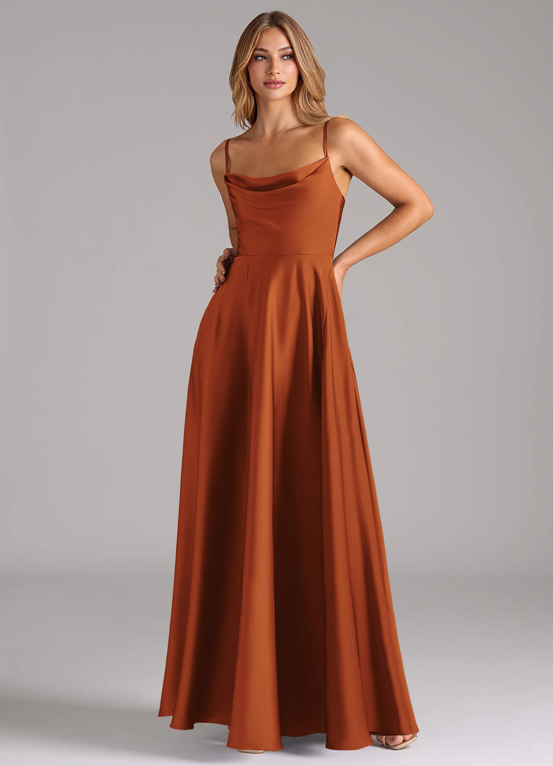 Azazie Elle Bridesmaid Dresses Cinnamon A-Line Pleated Stretch Satin Dress image4