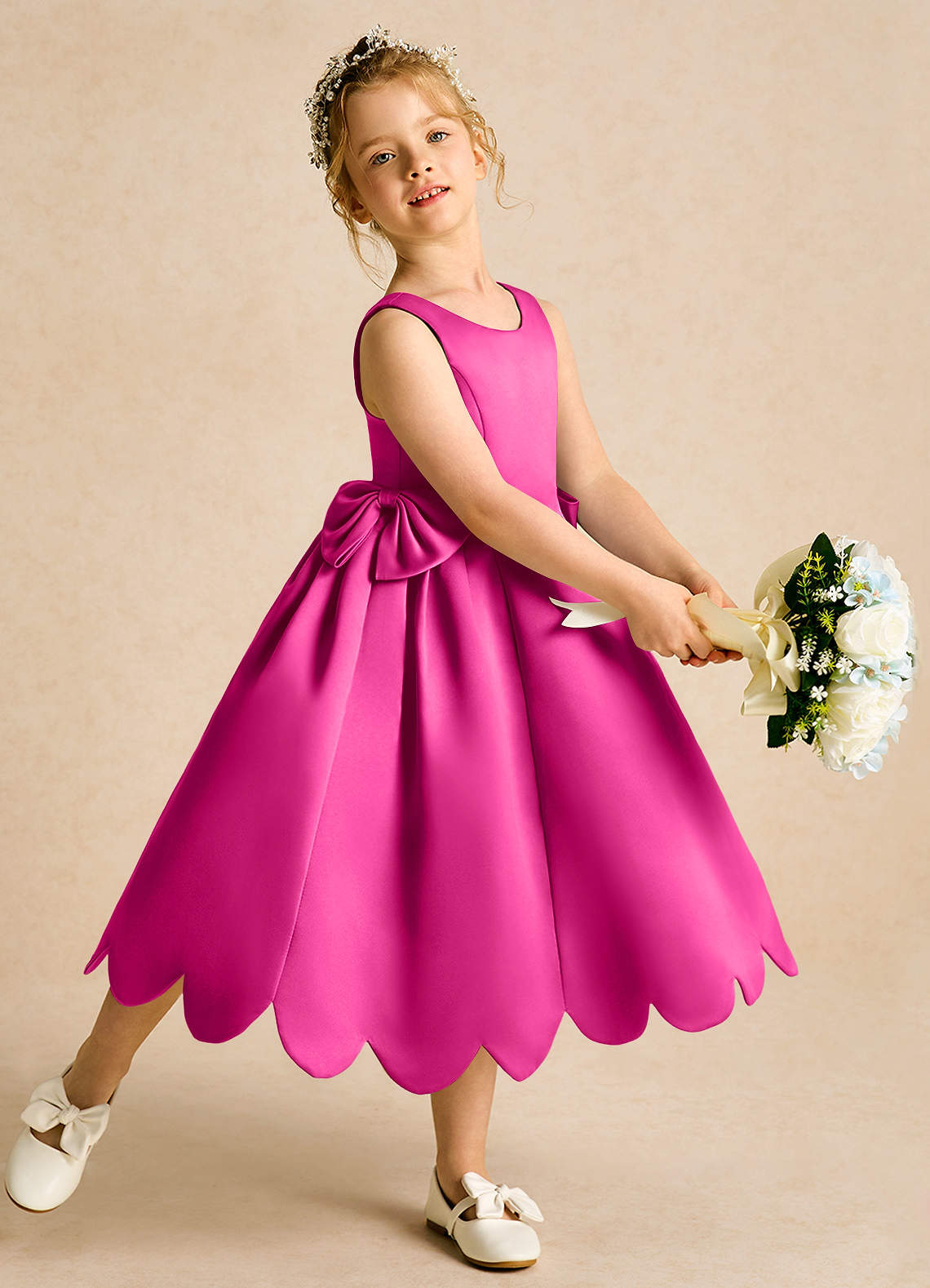 Azazie Macaroon Robe Demoiselle D'honneur Fillette Robe Princesse en Mat Satiné Arc Fuchsia image1
