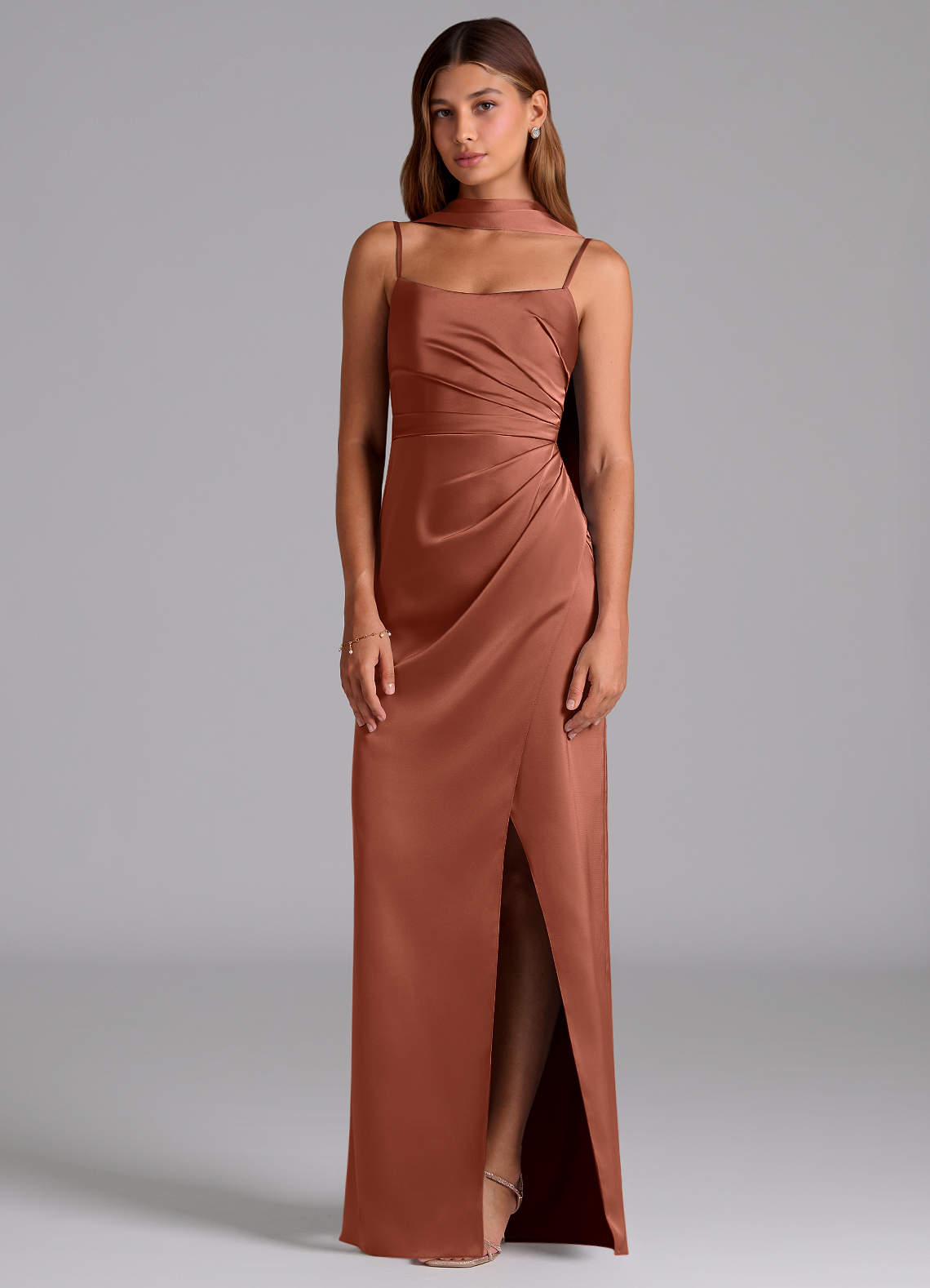 Azazie Calandra Brudtärnklänningar Klä av A-Linje i Stretch Satin Plisserad Kastanjebrunt image2