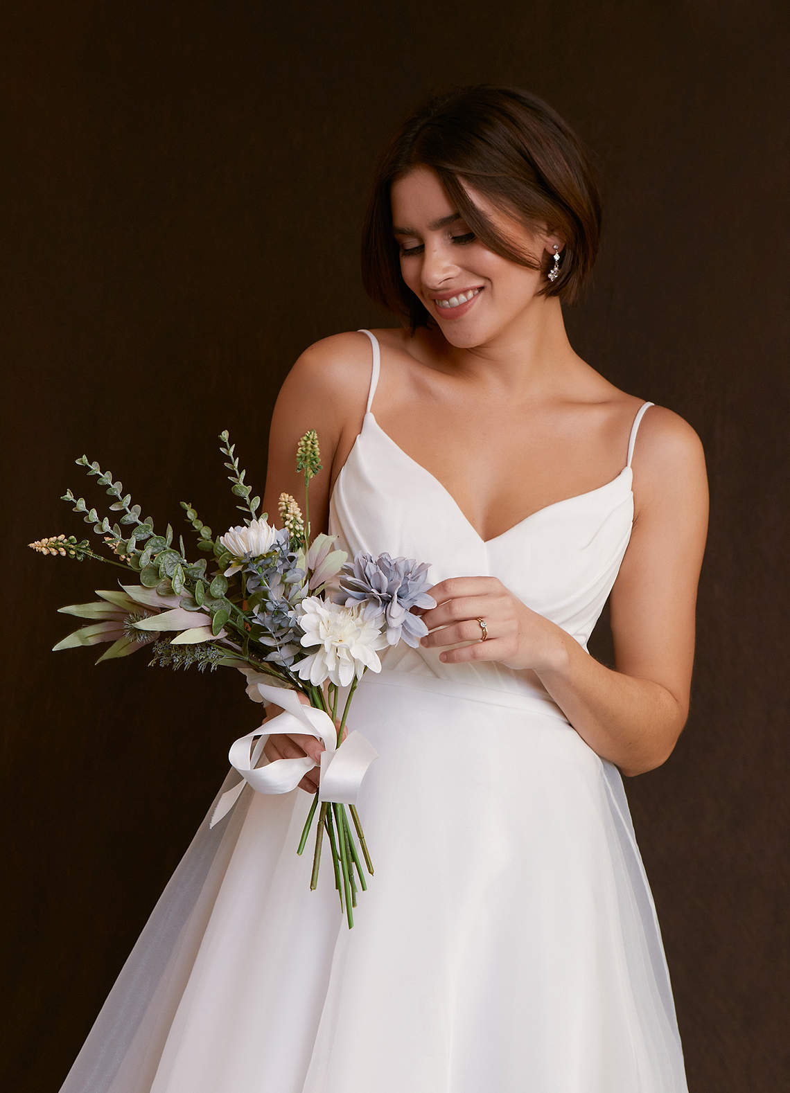 Azazie Ardea Wedding Dresses A-Line V-Neck Pleated Stretch Crepe Knee-Length Dress image1